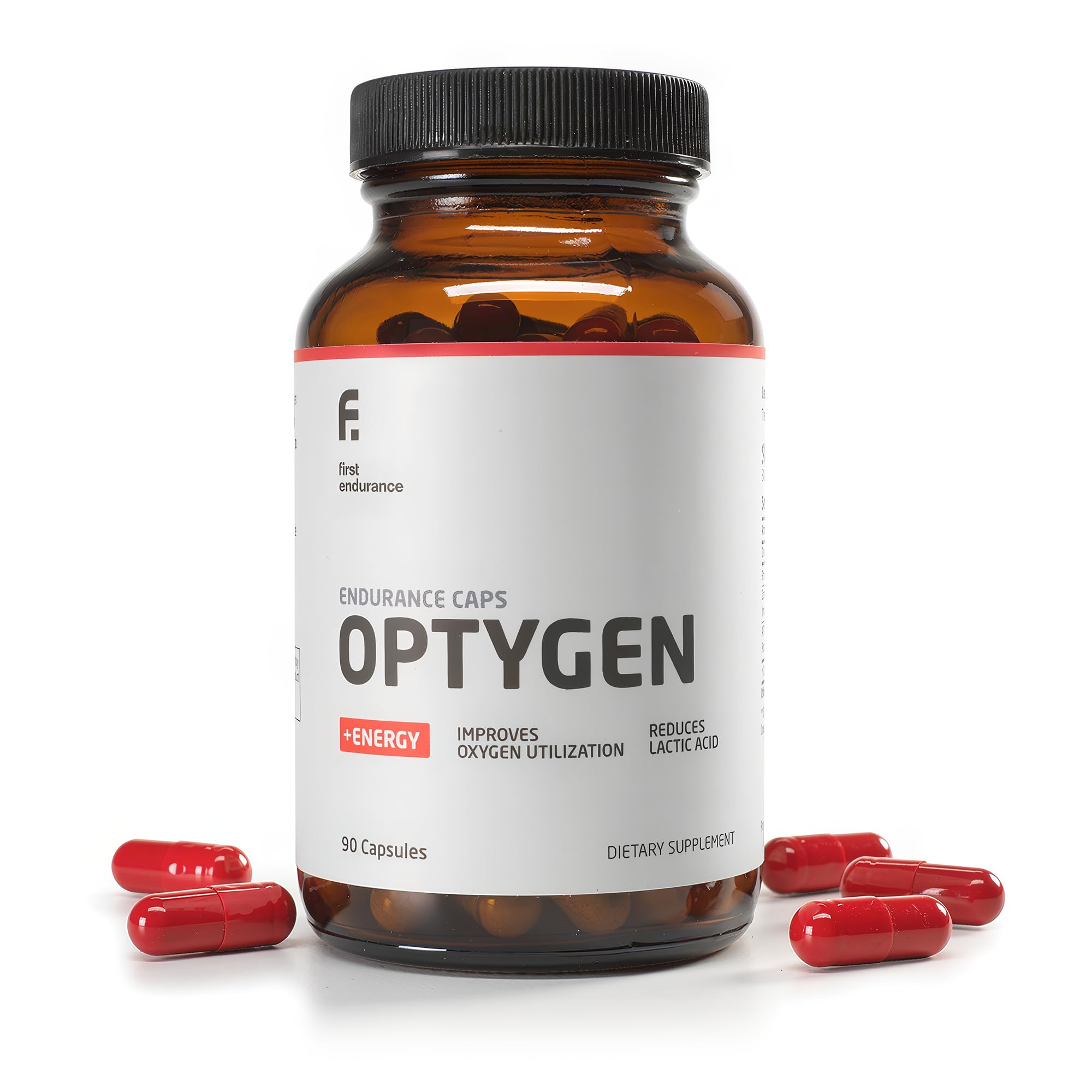 FIRST ENDURANCE Optygen: botella con cápsulas para mejorar rendimiento durante entrenamientos intensos.