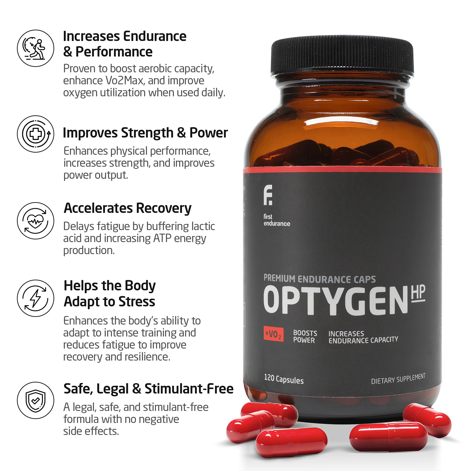 Bote de FIRST ENDURANCE OptygenHP con 120 cápsulas, ideal para rutinas de alta intensidad.