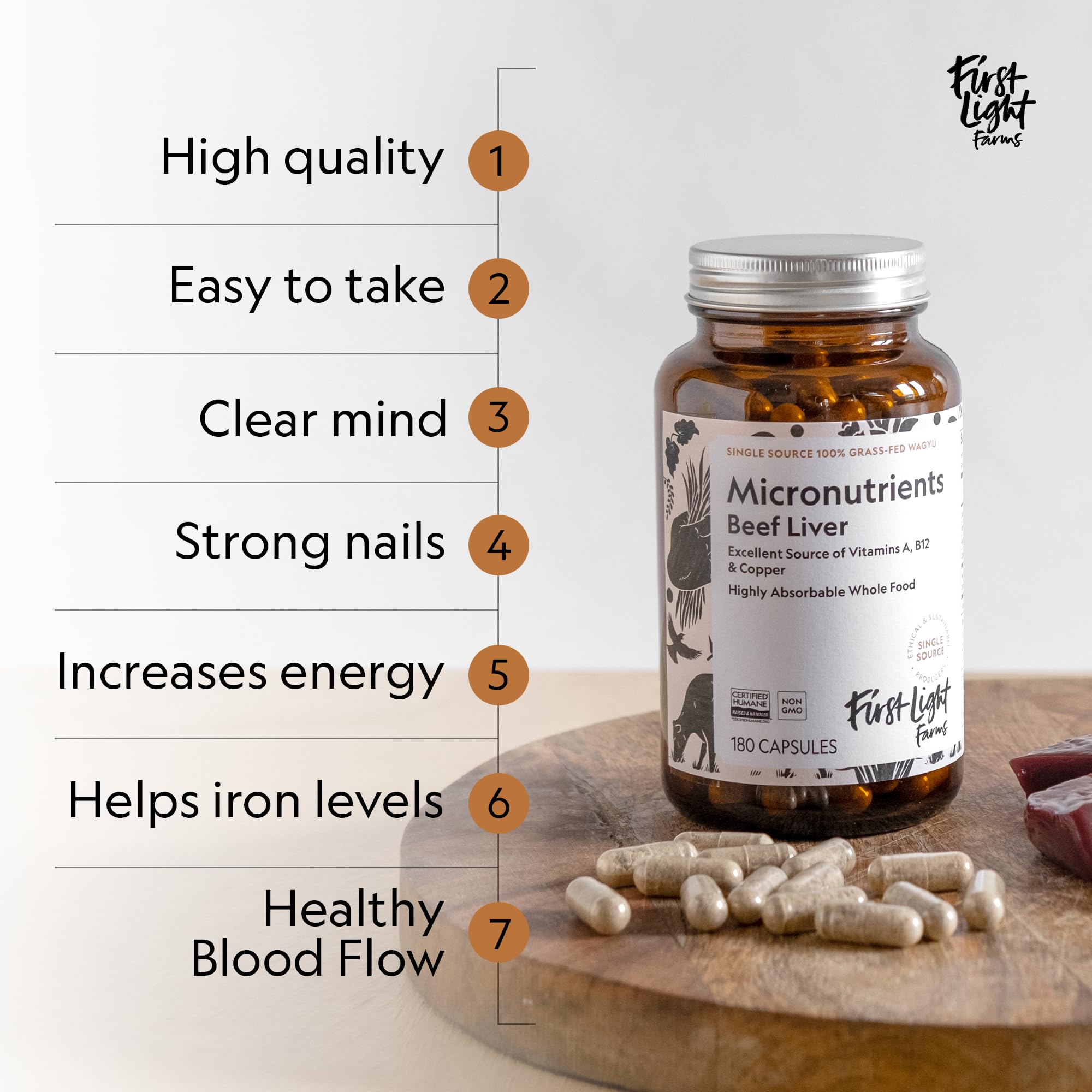 First Light Higado Capsulas ingredientes clave, vitaminas y minerales naturales para vitalidad.