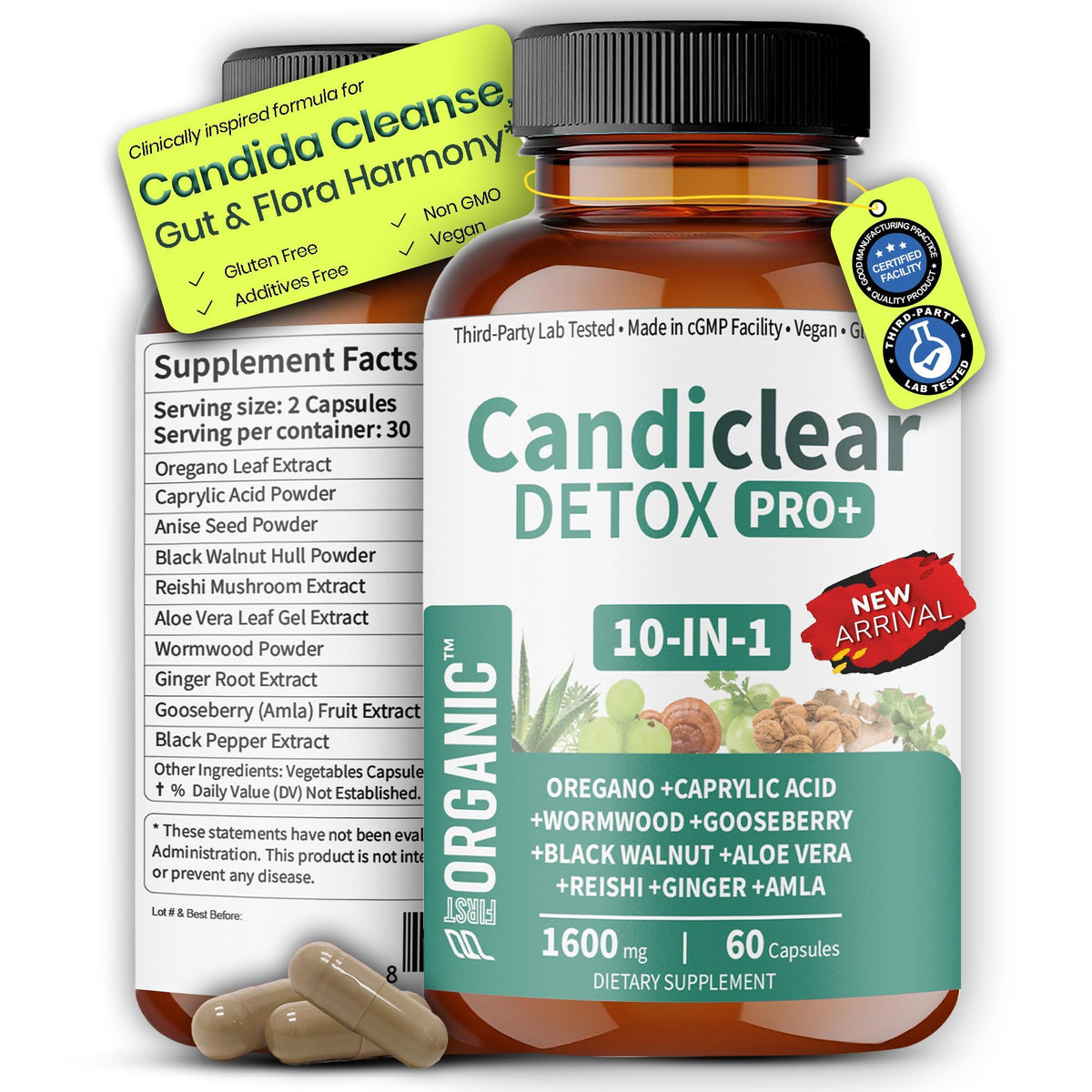 FIRSTORGANIC Candida Cleanse en botella de cápsulas para apoyo digestivo y equilibrio de la flora.