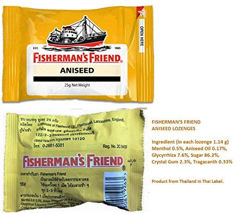 Etiqueta multilingüe de Fishermans Friend con textos en tailandés e inglés.