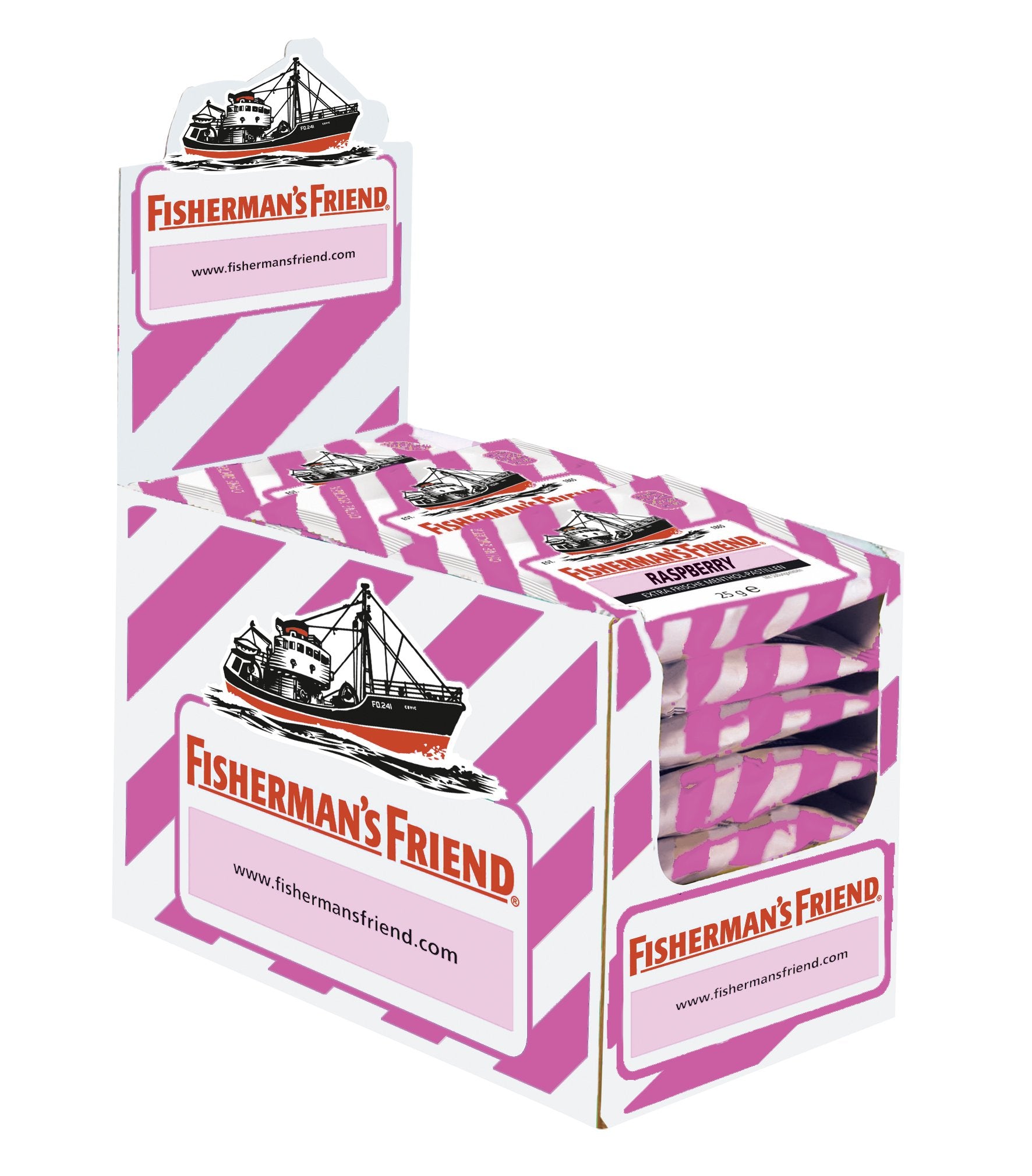 Fisherman's Friend Frambuesa sin azúcar, caja exterior con diseño llamativo.