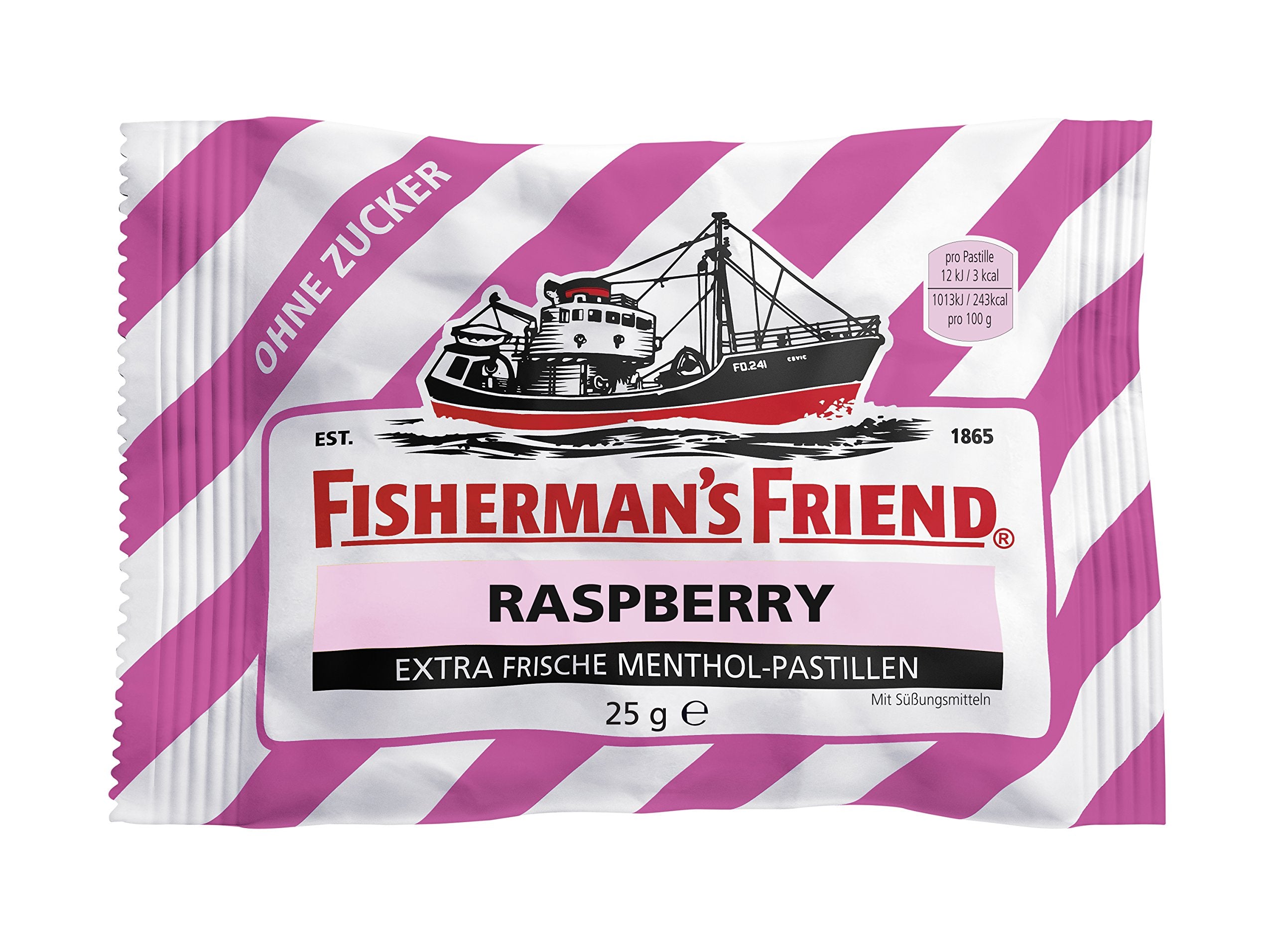Fisherman's Friend Frambuesa sin azúcar, etiqueta de frambuesa que sugiere sabor.