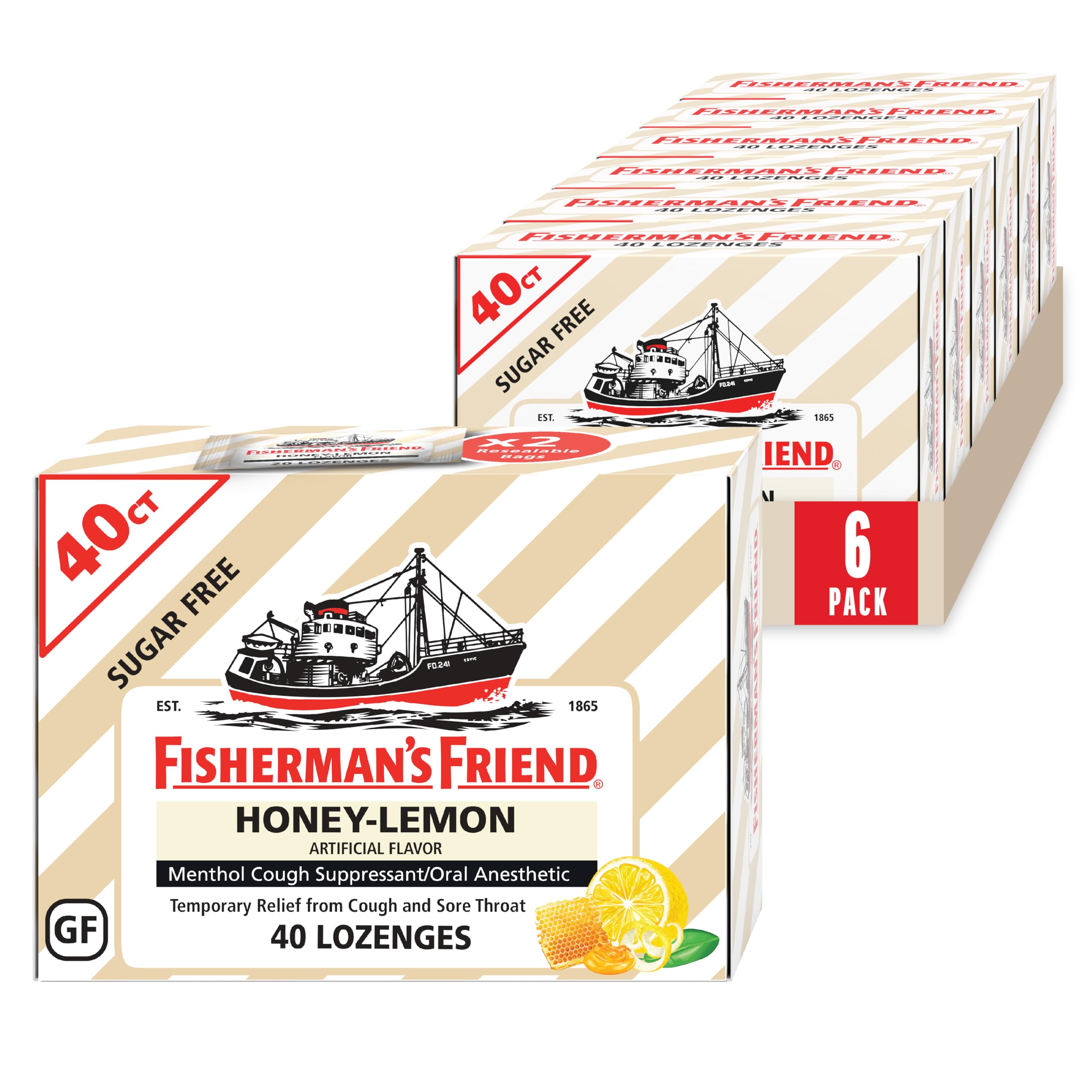 Fisherman's Friend miel-limón, caja de seis paquetes, ideal para llevar y cuidar la garganta durante el día.