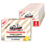 Fisherman's Friend miel-limón, caja de seis paquetes, ideal para llevar y cuidar la garganta durante el día.