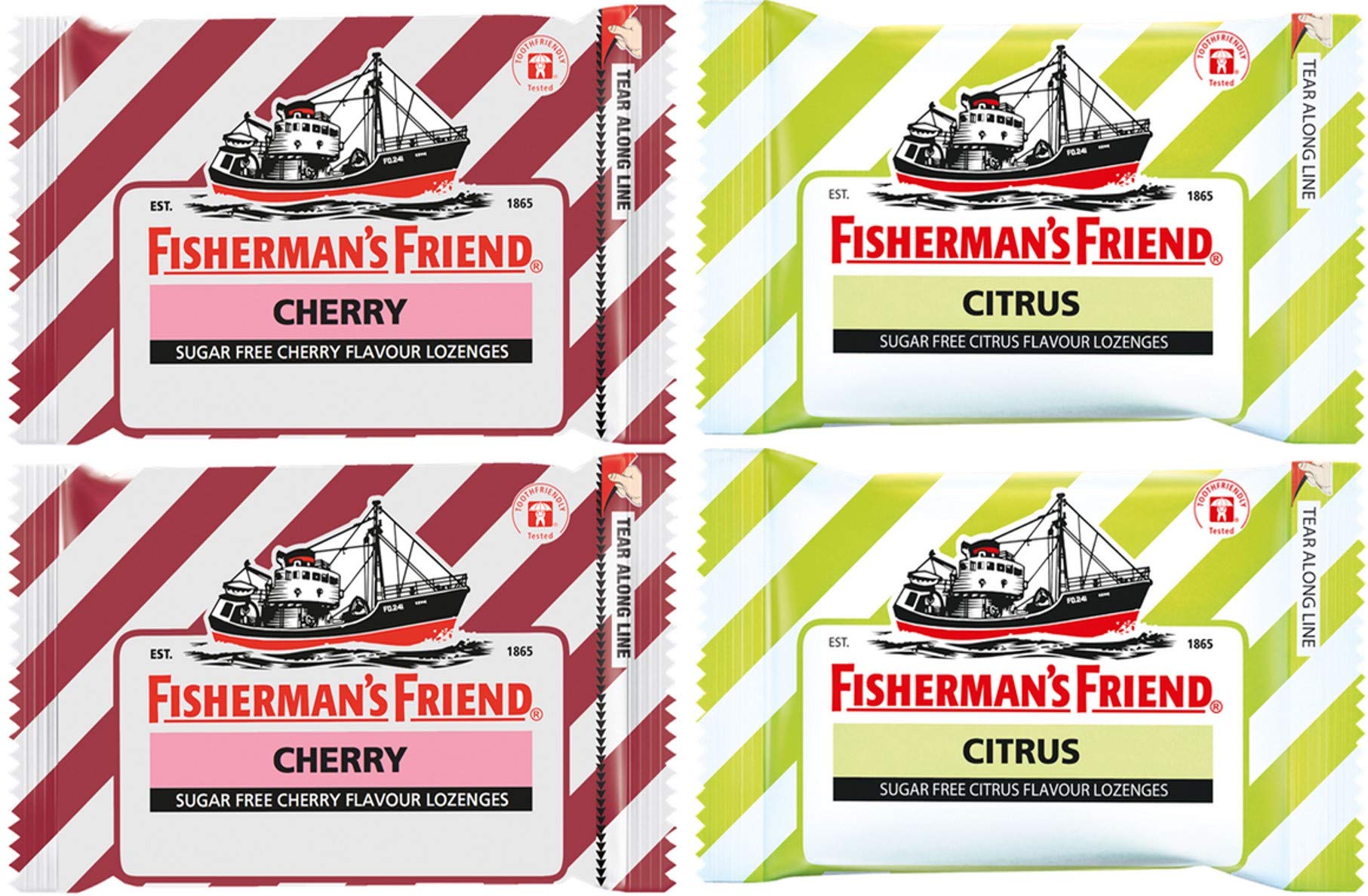 Pastillas Fisherman's Friend Duo en caja, sabor cereza y cítrico, para aliento fresco.