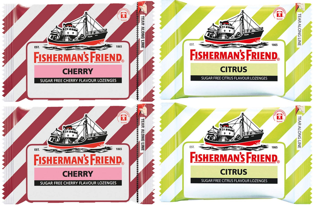 Pastillas Fisherman's Friend Duo en caja, sabor cereza y cítrico, para aliento fresco.