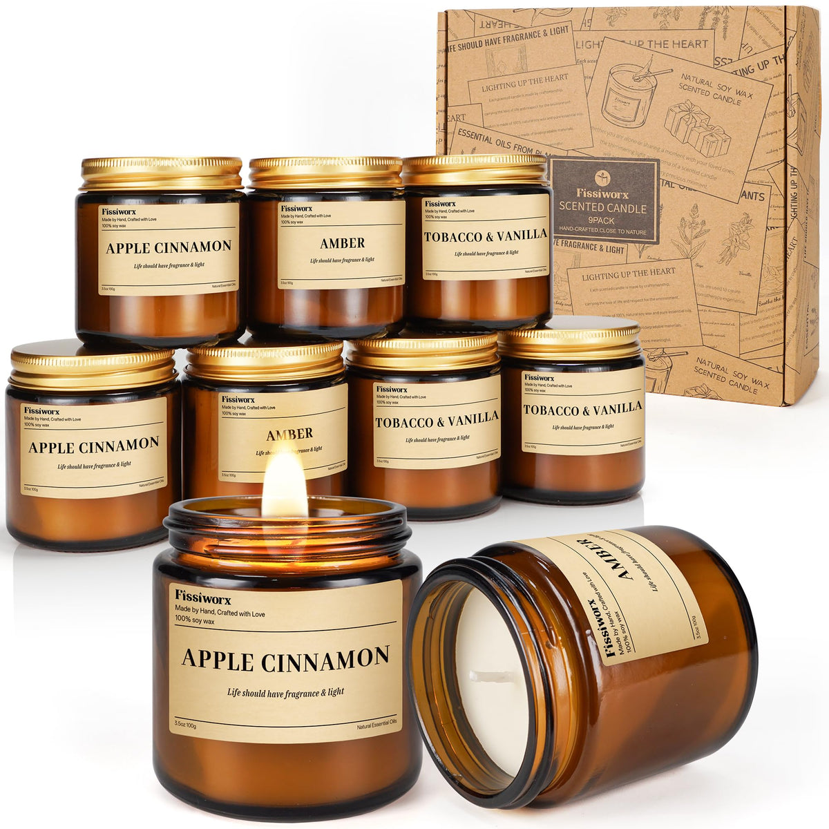 Vela fissiworx de soya manzana canela en frasco, aroma acogedor para reuniones.