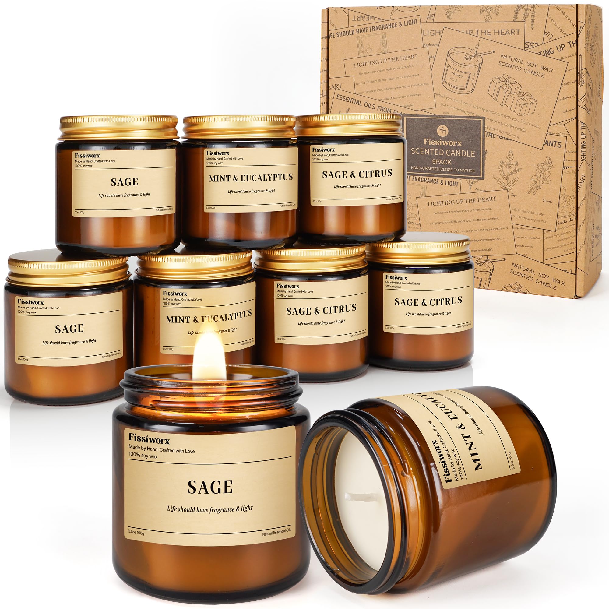 Vela fissiworx 9-pack ámbar con aroma de Salvia para ambientar espacios.