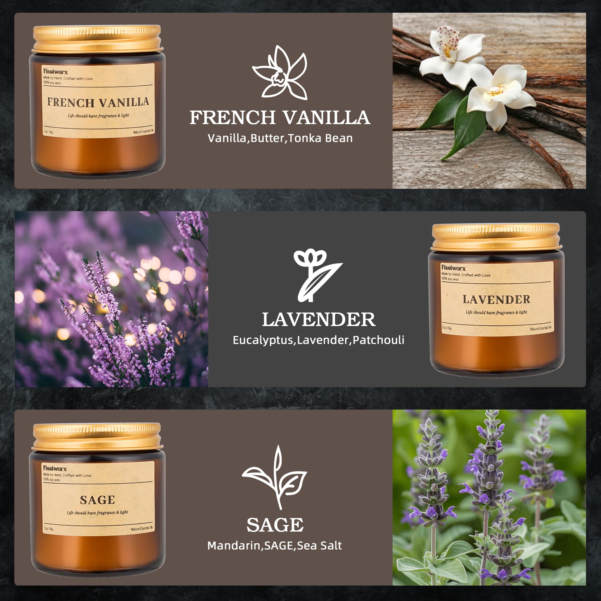 Vela fissiworx de lavanda para aroma floral calmante.