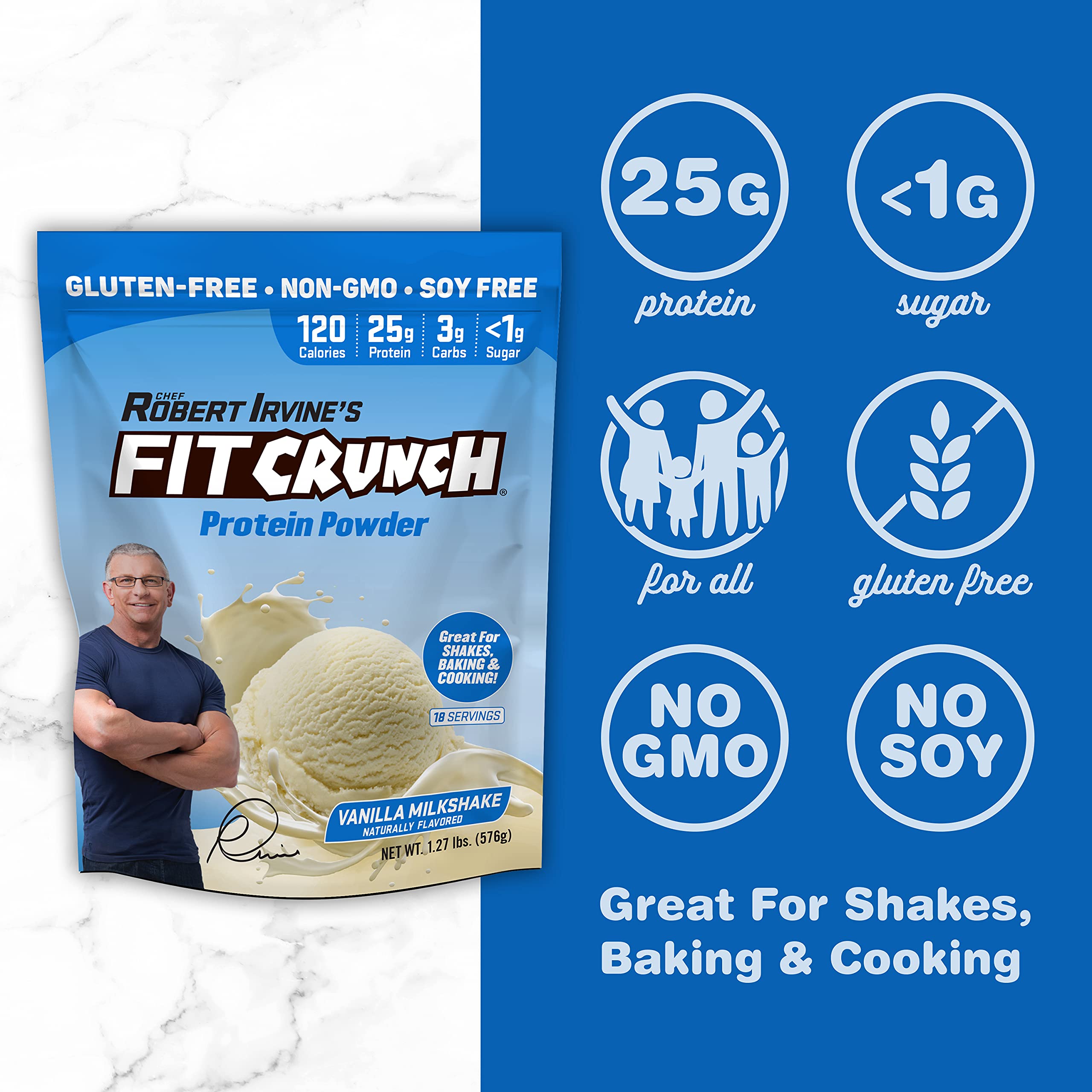 Envase práctico de Fit Crunch Tri-Blend, libre de gluten y soja para dietas específicas.