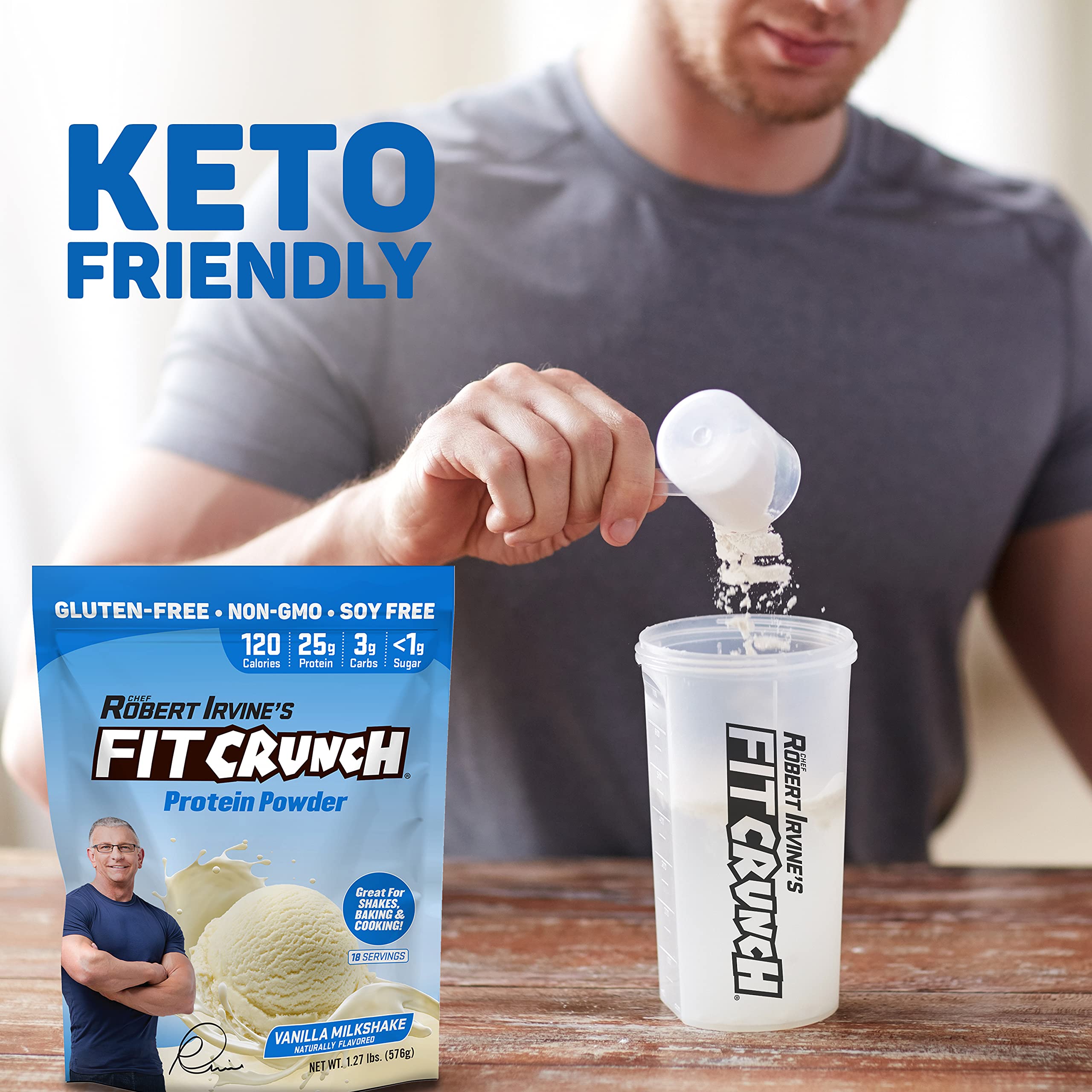 Etiqueta nutricional de Fit Crunch Tri-Blend, indica proteínas de liberación rápida y lenta.