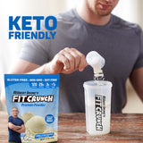 Etiqueta nutricional de Fit Crunch Tri-Blend, indica proteínas de liberación rápida y lenta.