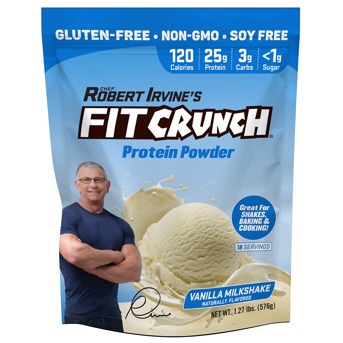 Proteína Fit Crunch Tri-Blend en lata, sabor vainilla batido, ideal para comenzar el día.