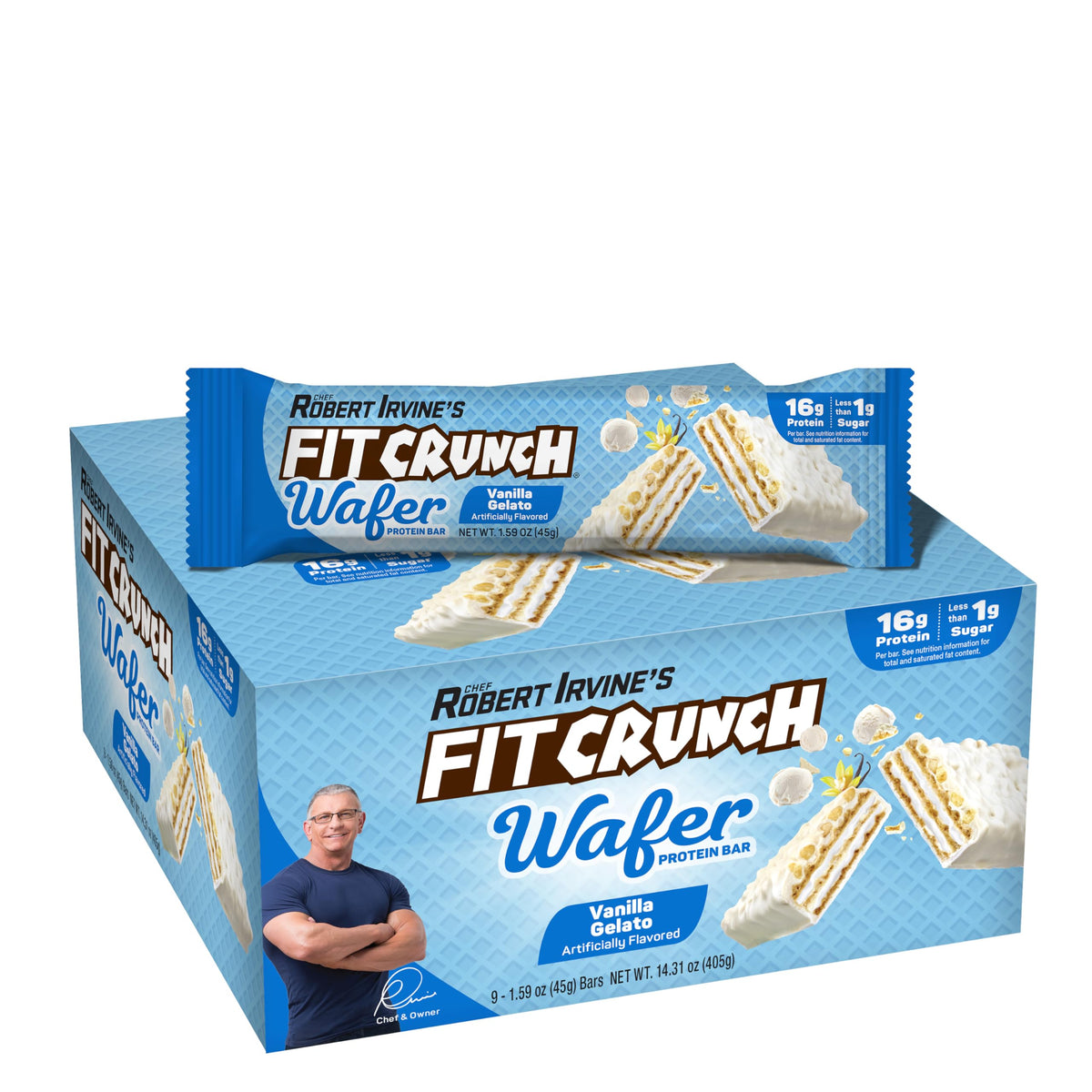 Barra oblea proteica Fit Crunch de vainilla helada, textura crujiente.