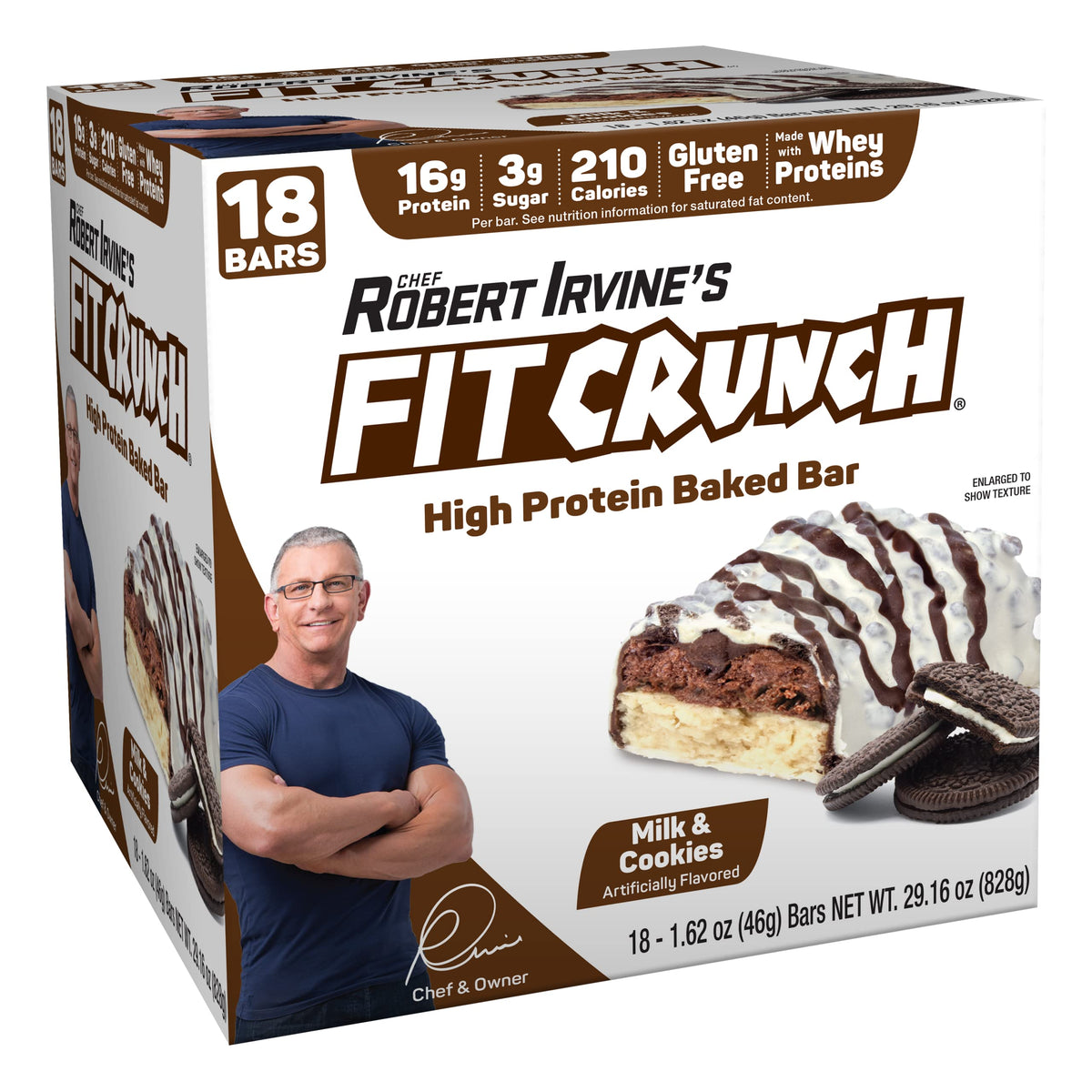 Barra de proteína Fit Crunch sabor leche y galletas, para merienda rápida.