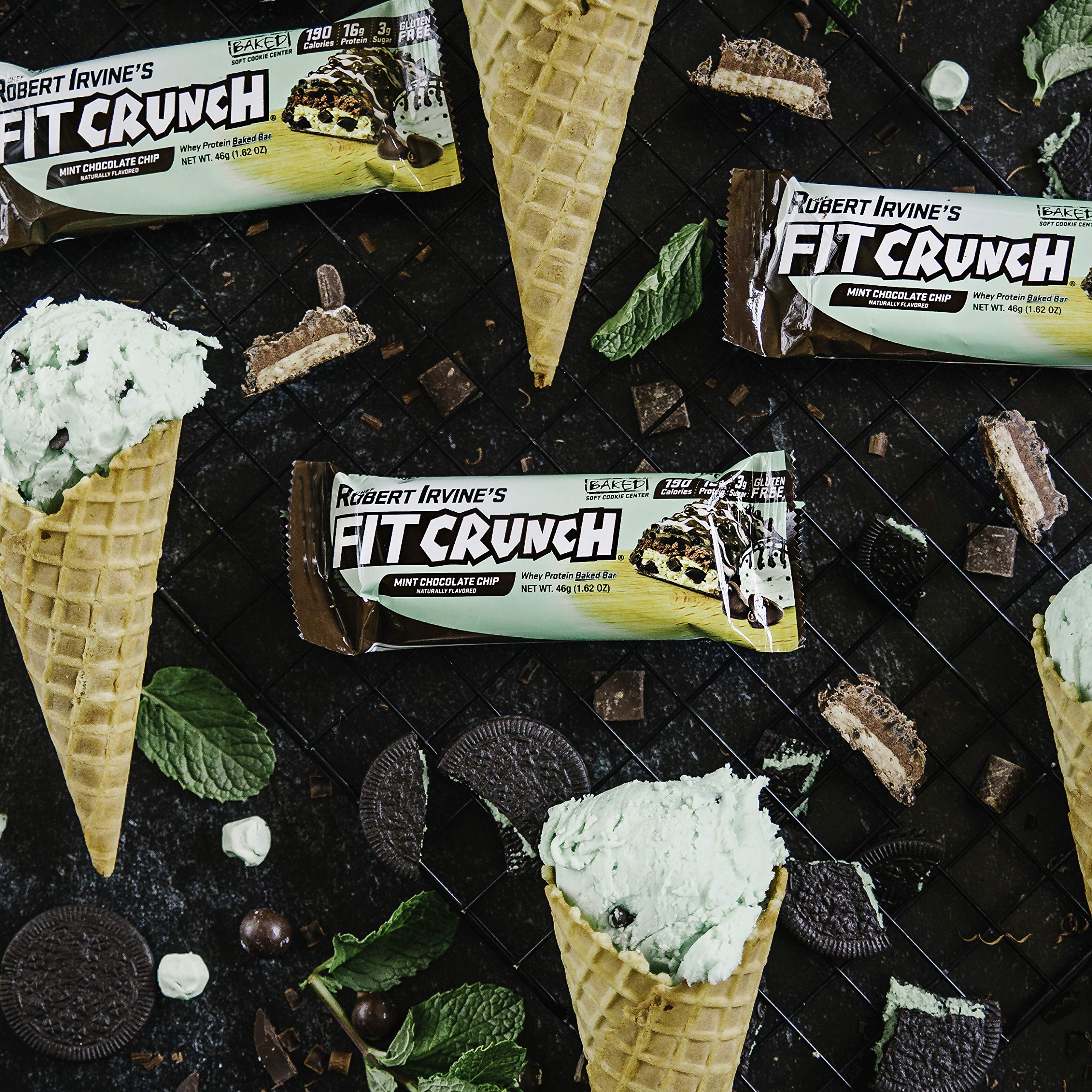Barras FITCRUNCH menta-chocolate-chip en empaque, snack para llevar.