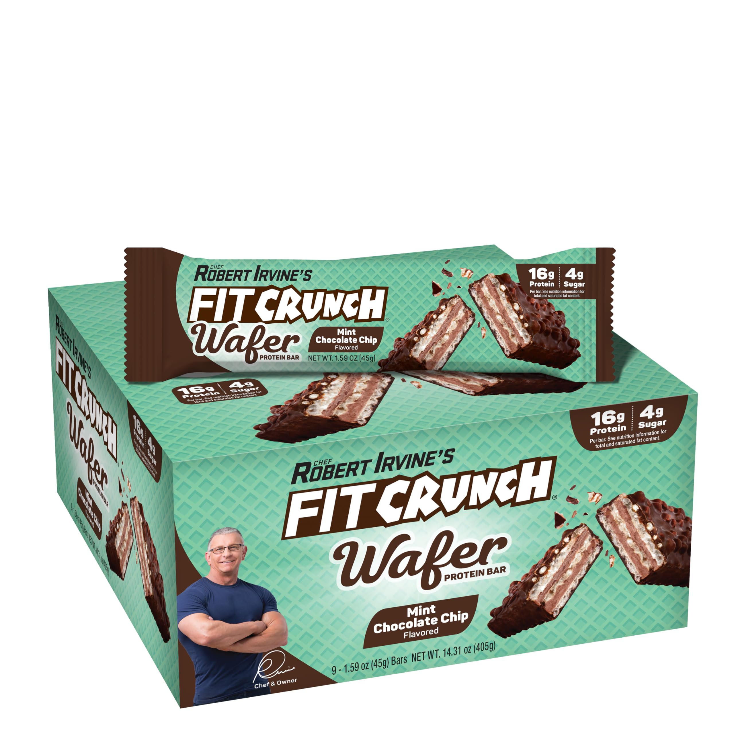Fit Crunch barra wafer proteína mentas y chispas de chocolate; snack nutritivo.