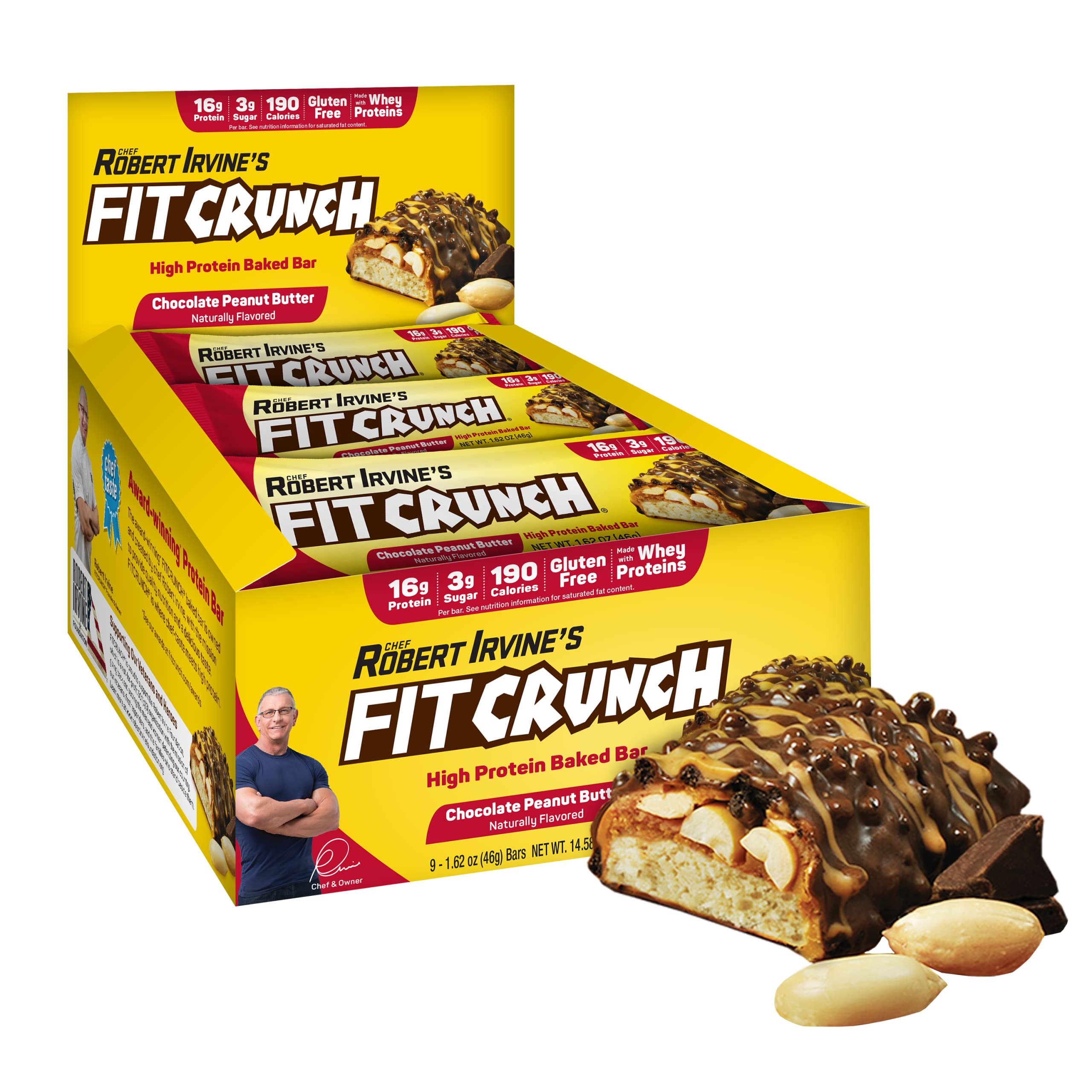 Barrita FitCrunch de seis capas, chocolate y mantequilla de cacahuate, lista para merienda.