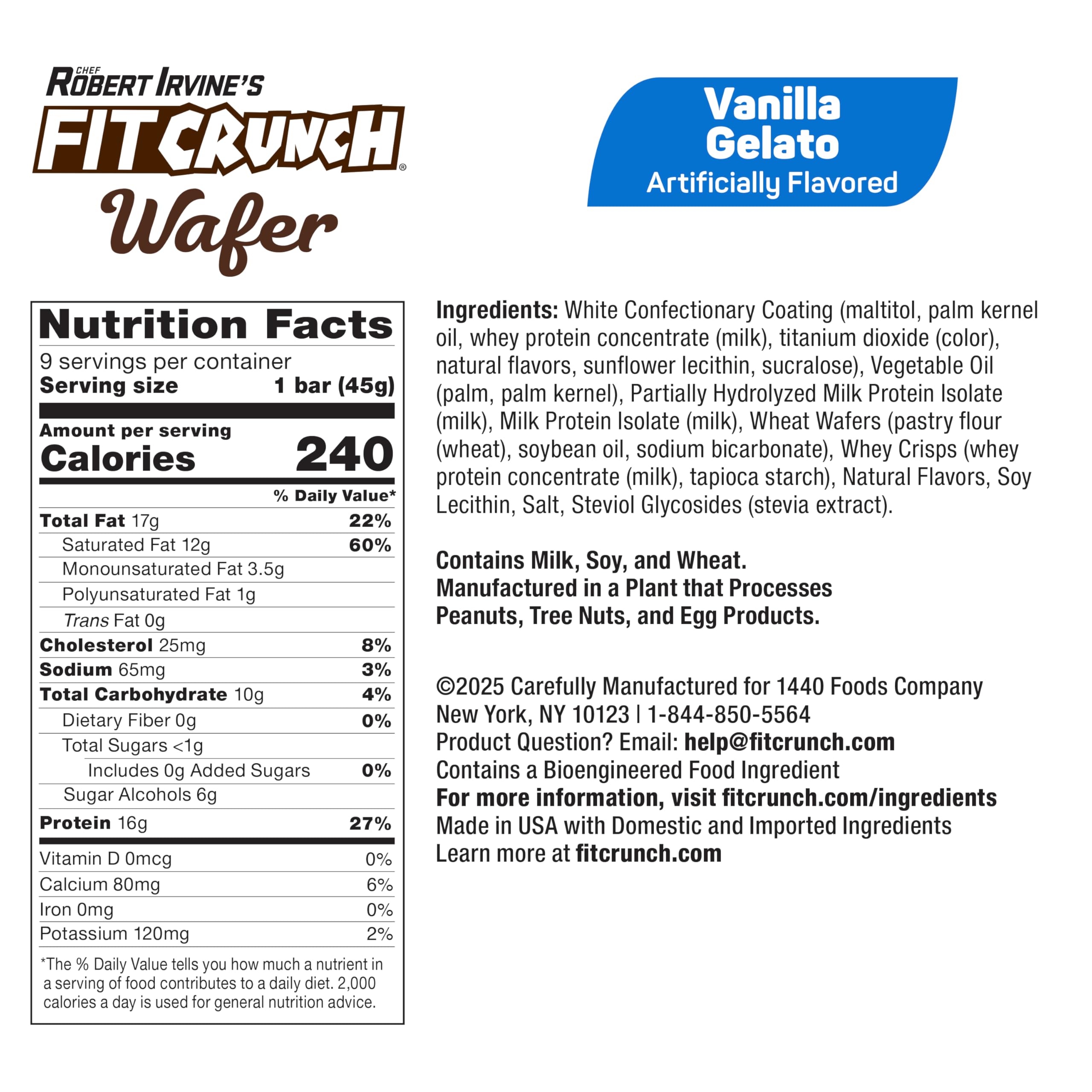 Empaque de barras proteicas Fit Crunch, vainilla helada, merienda práctica.