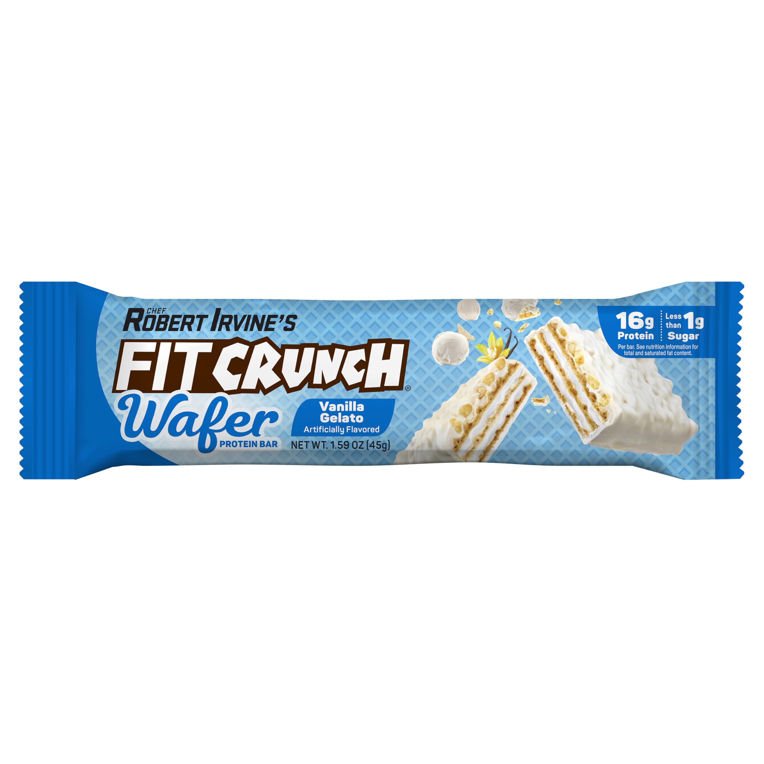 Textura crujiente de barra proteica Fit Crunch, sabor vainilla helada.