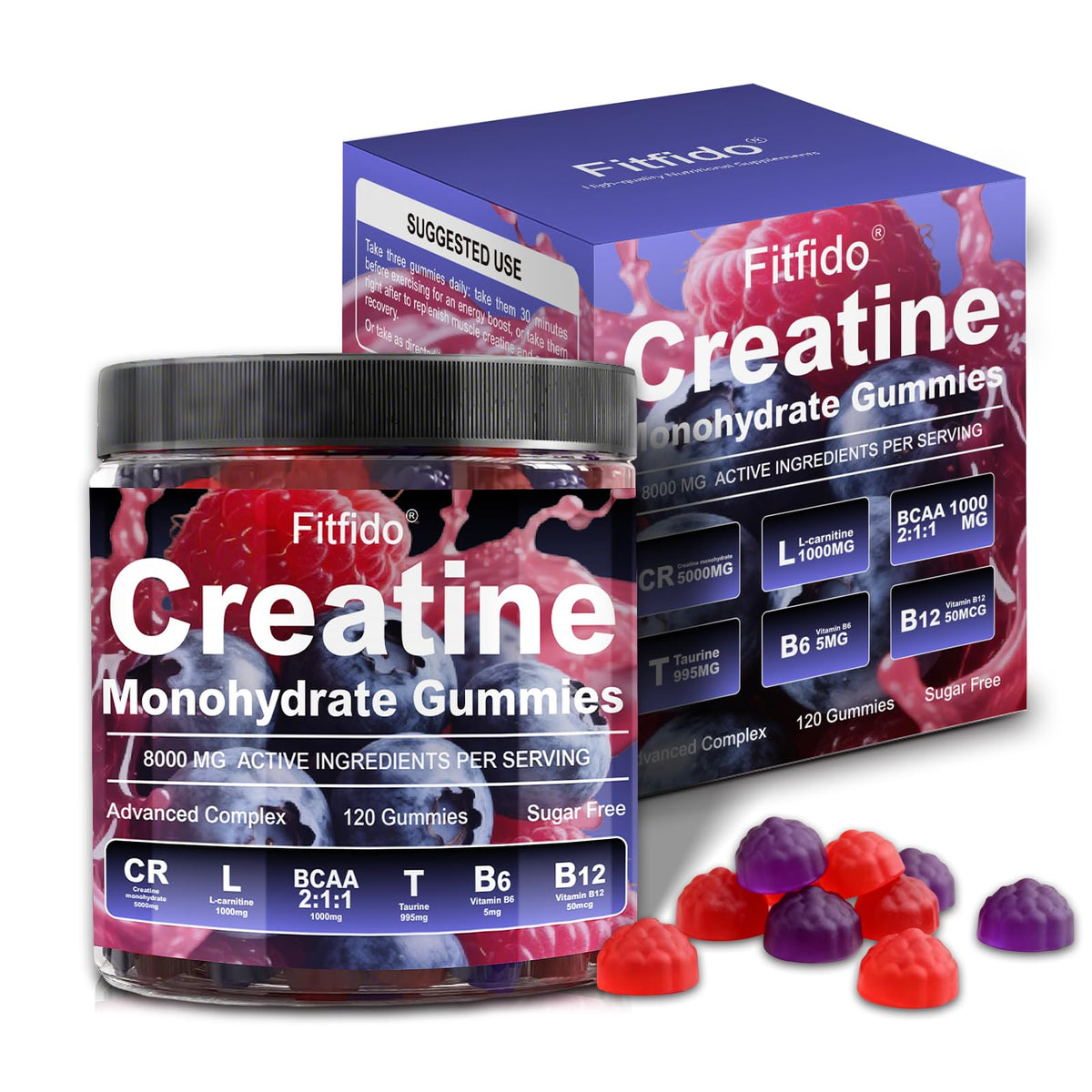Botella de Fitfido Creatina Monohidrato Gomitas para entrenamiento diario y energía sostenida.