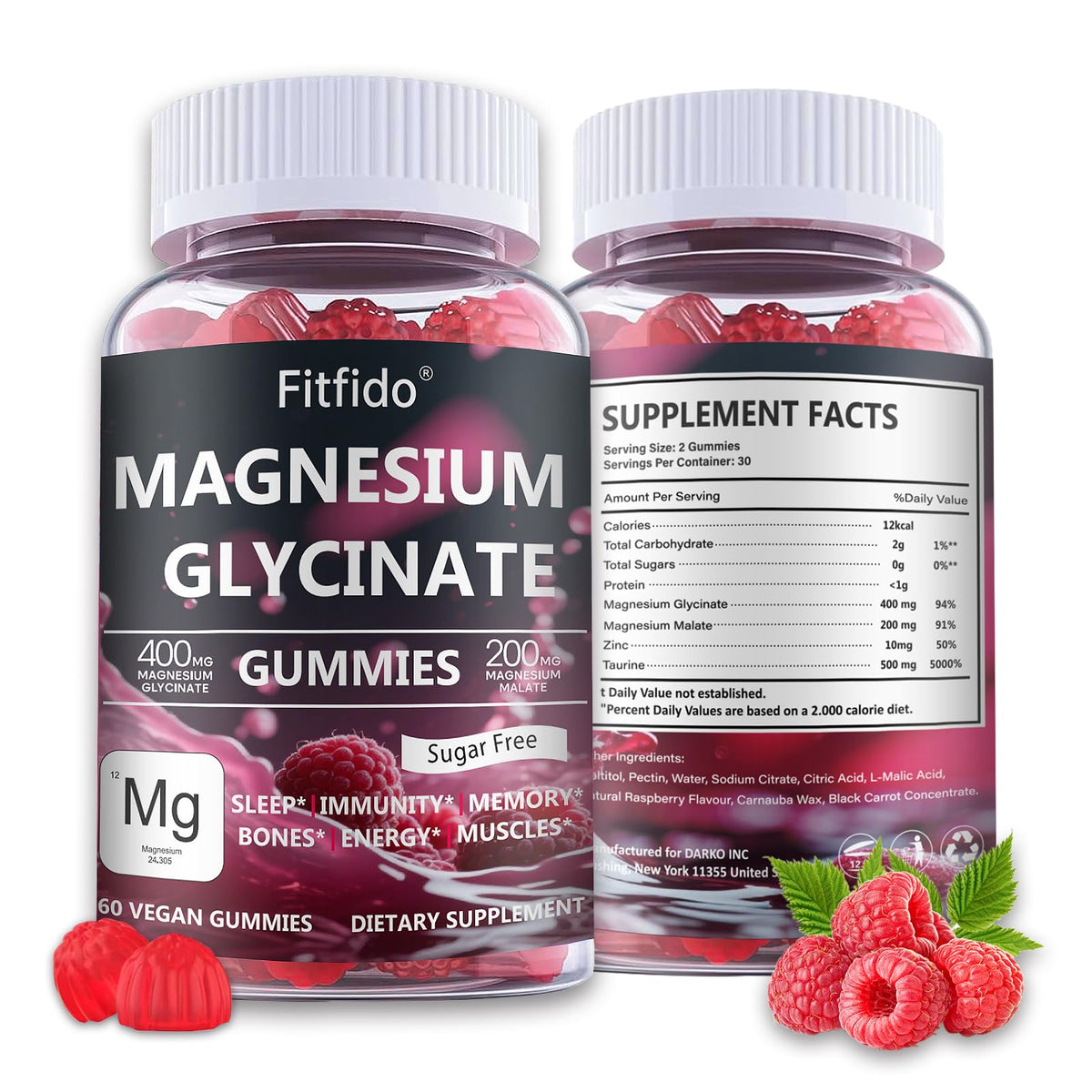 Fitfido gomitas magnesio glicinato frambuesa, empaque práctico para uso diario