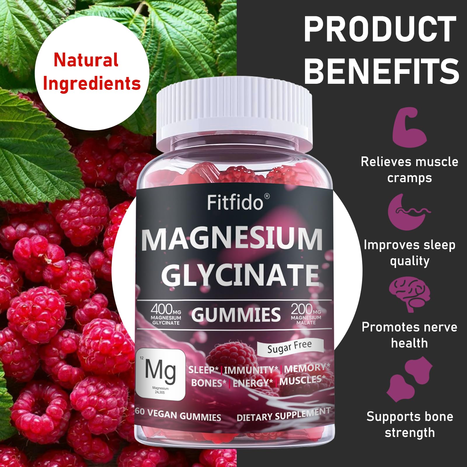 Fitfido gomitas magnesio glicinato frambuesa, sin azúcares añadidos para toda la familia