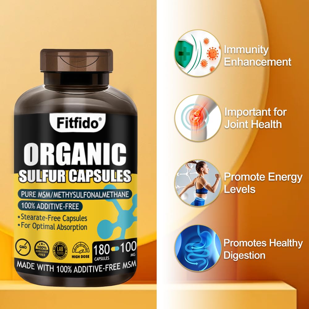 Etiqueta clara de Fitfido MSM, ingredientes puros sin rellenos.