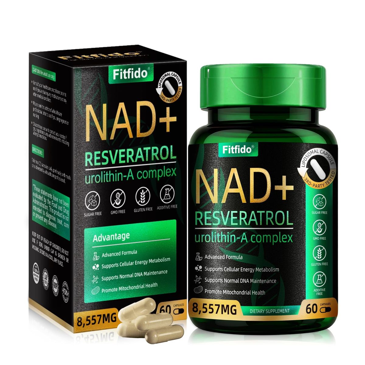 Botella Fitfido NAD liposomal 300mg, enfoque en energía celular.