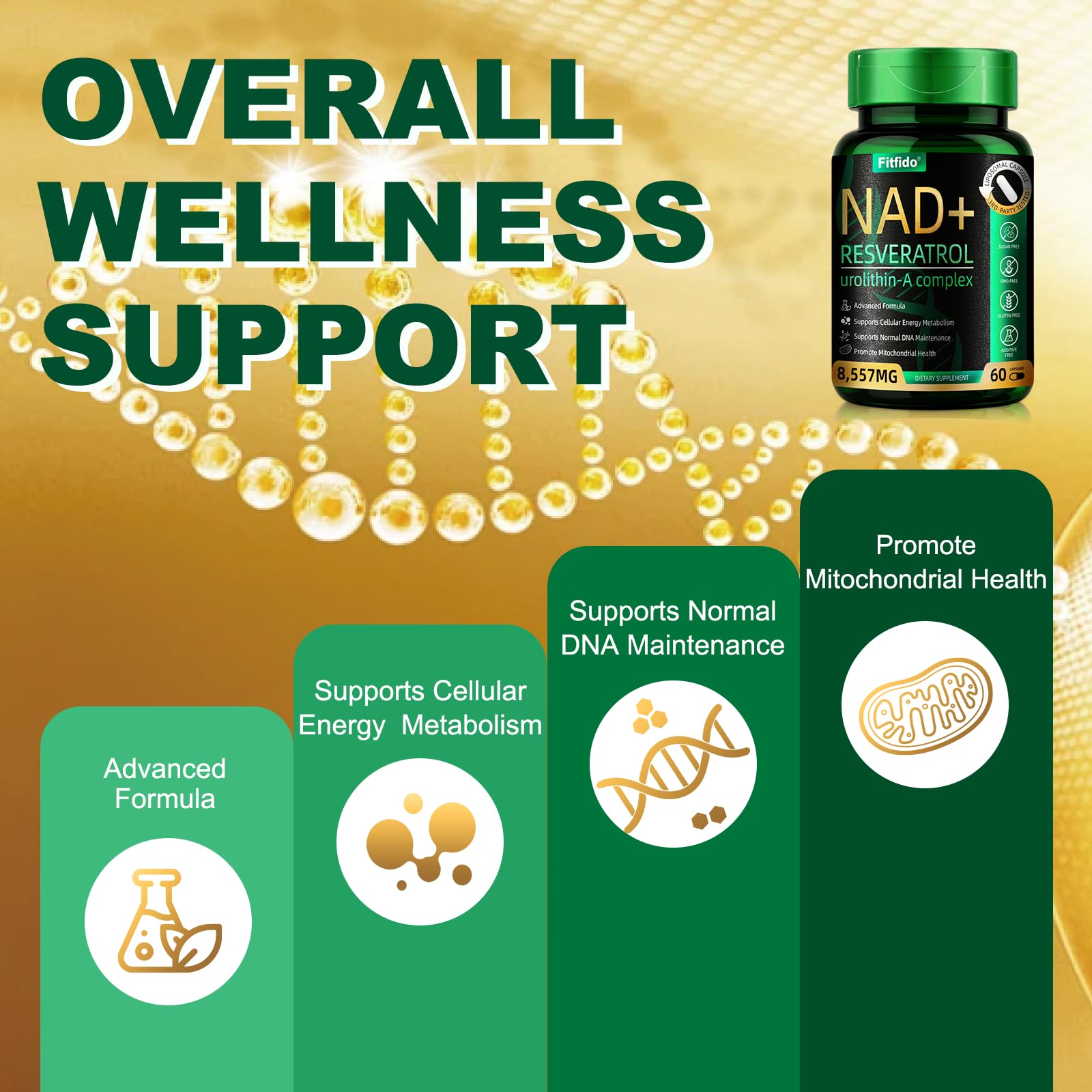 NAD liposomal con resveratrol, ingredientes clave visibles.