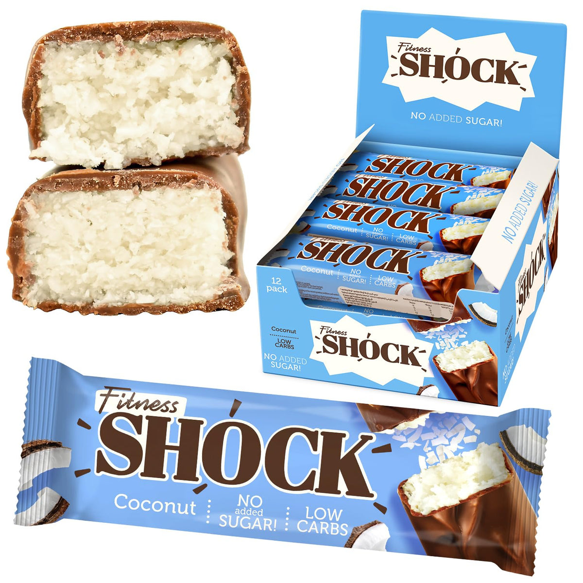 Barras FitnesSHOCK coco cubiertas de chocolate oscuro, textura suave.