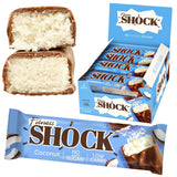 Barras FitnesSHOCK coco cubiertas de chocolate oscuro, textura suave.