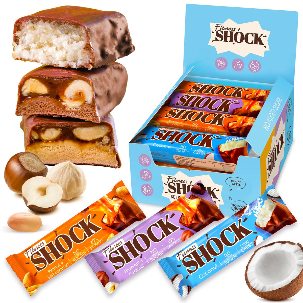 Barrita de proteína FitnesSHOCK sabor coco, snack ligero para media mañana