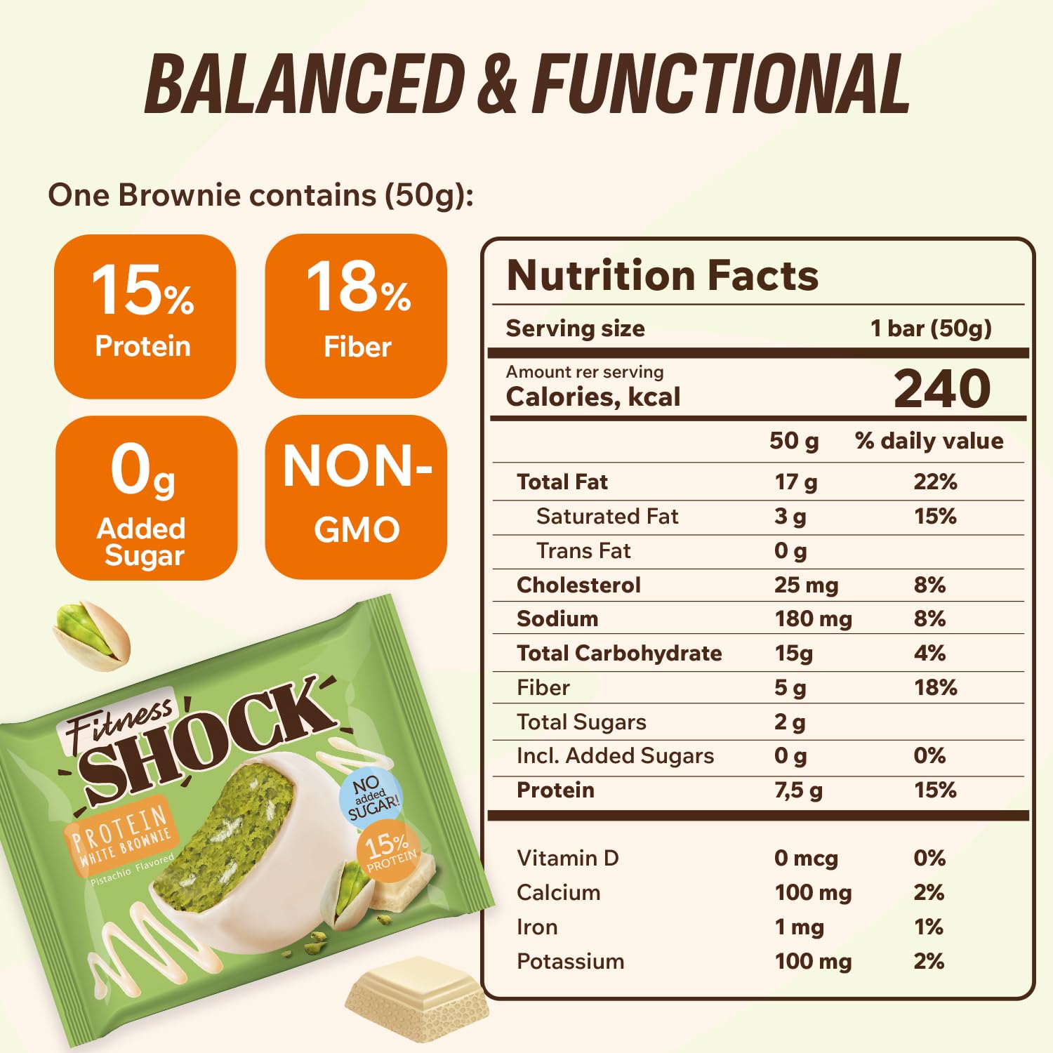 FitnesSHOCK brownie pistacho, textura suave y sabor rico para merienda saludable