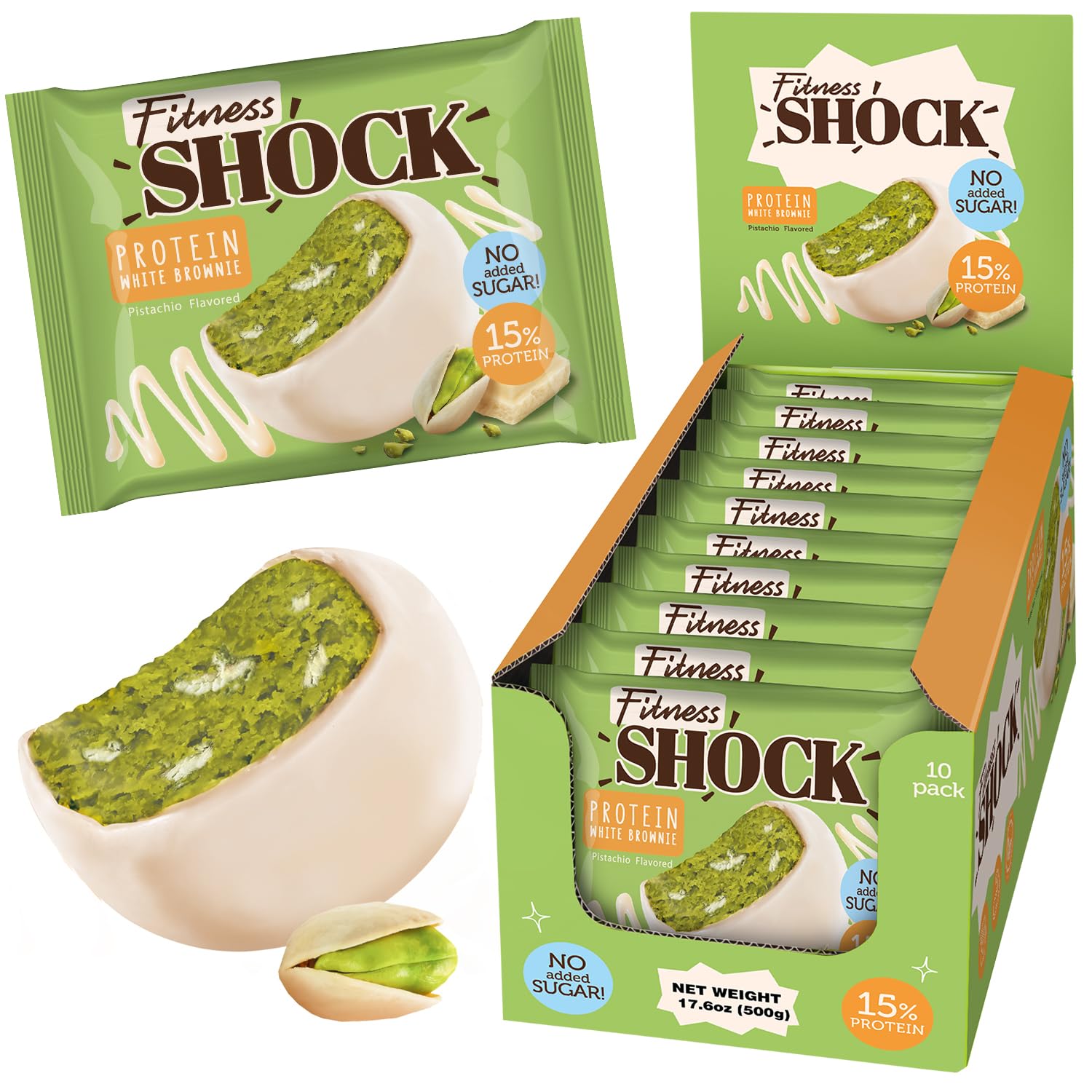 FitnesSHOCK brownie proteico de pistacho con chocolate blanco, snack delicioso y nutritivo