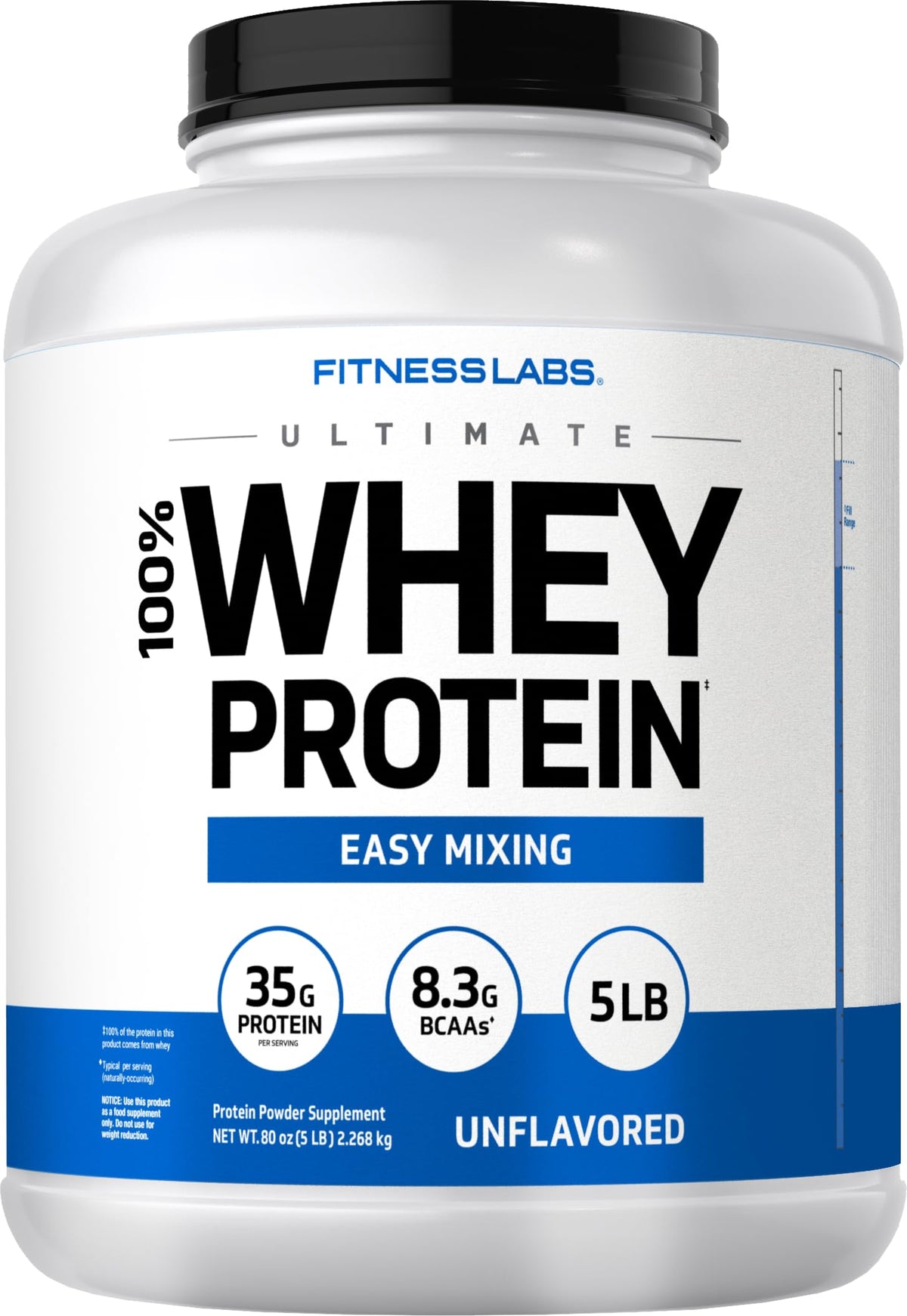Fitness Labs Whey Protein Powder envase frontal, ideal para entrenamientos.