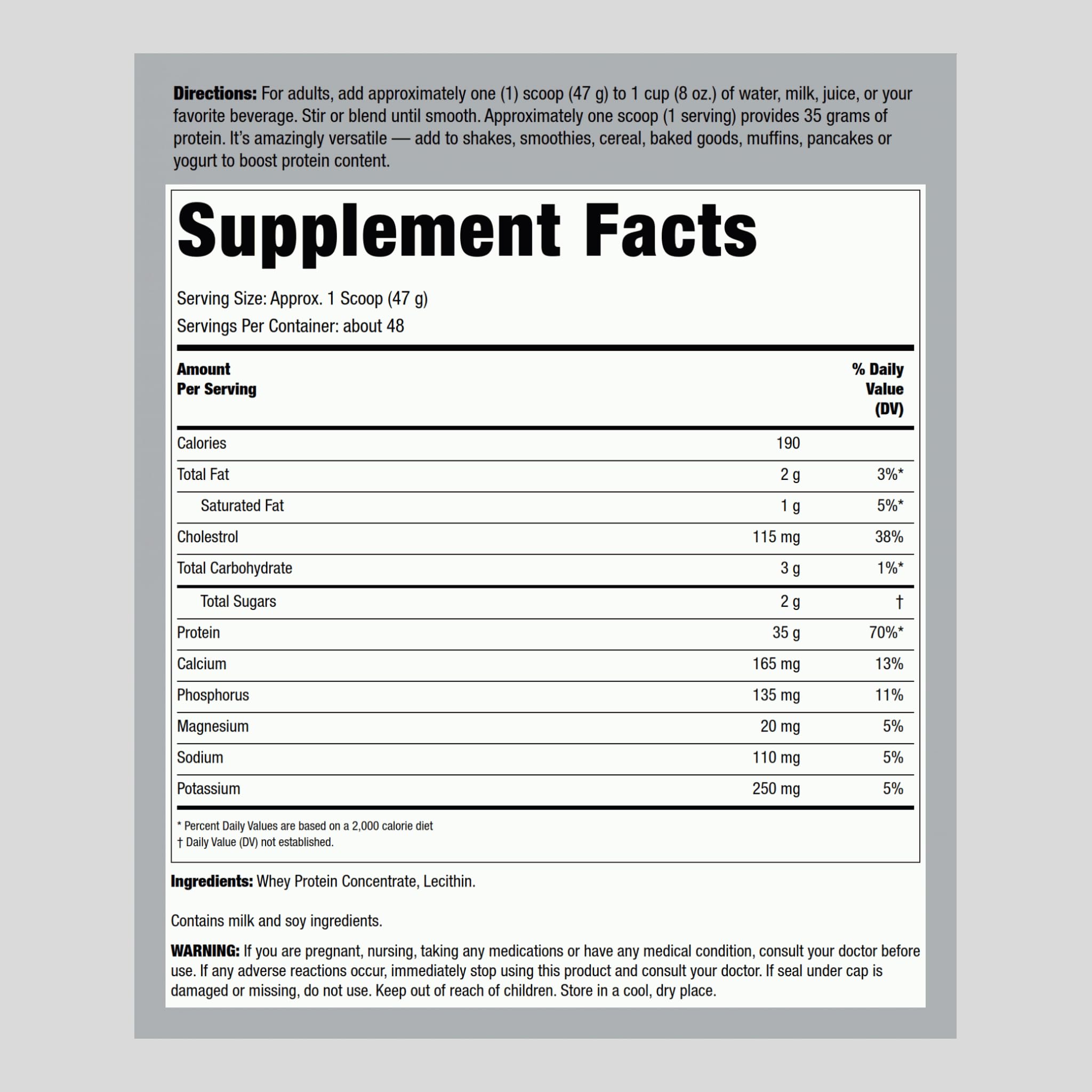 Fitness Labs Whey Protein Powder etiqueta clara, indica libre de OGM.