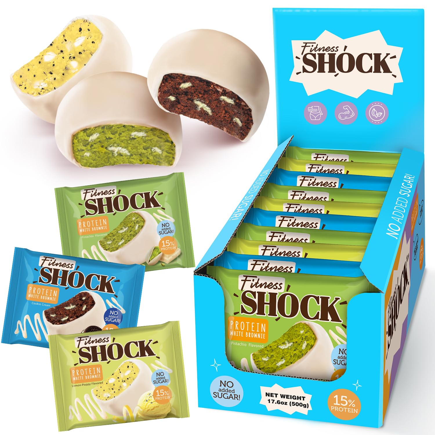 FitnesSHOCK brownie proteina chocolate blanco, textura suave, ideal como postre ligero.