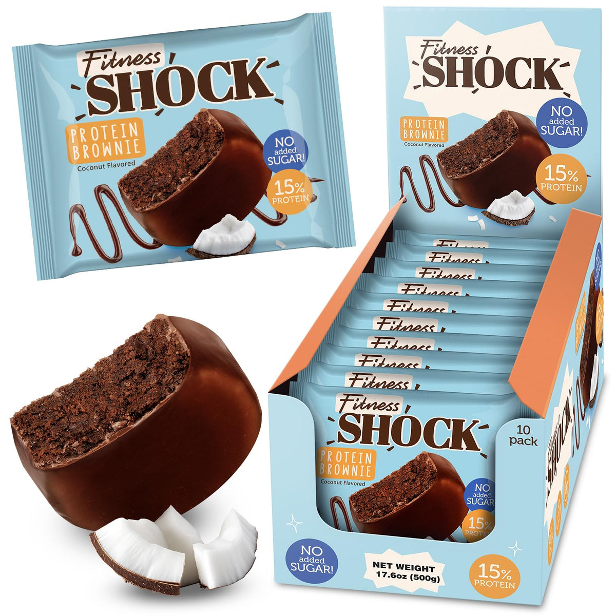 FitnesSHOCK brownie proteina chocolate coco: sabor intenso para merendar de forma saludable.