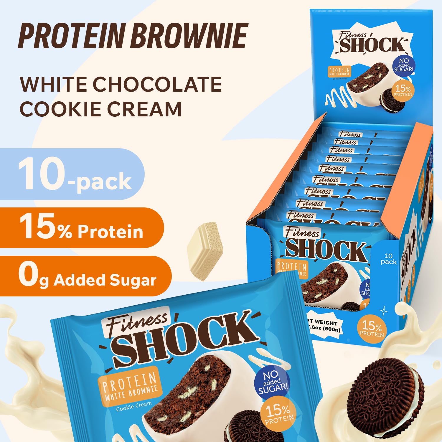 FitnesSHOCK brownie proteina cobertura chocolate blanco, capricho sabroso sin culpas.