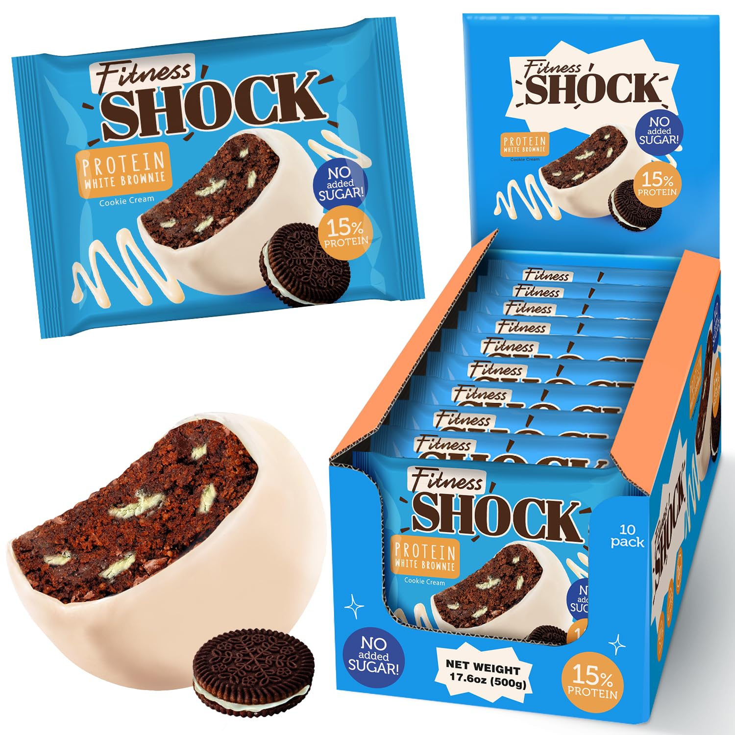 FitnesSHOCK brownie proteina frente al empaque, snack práctico y proteico para cualquier ocasión.