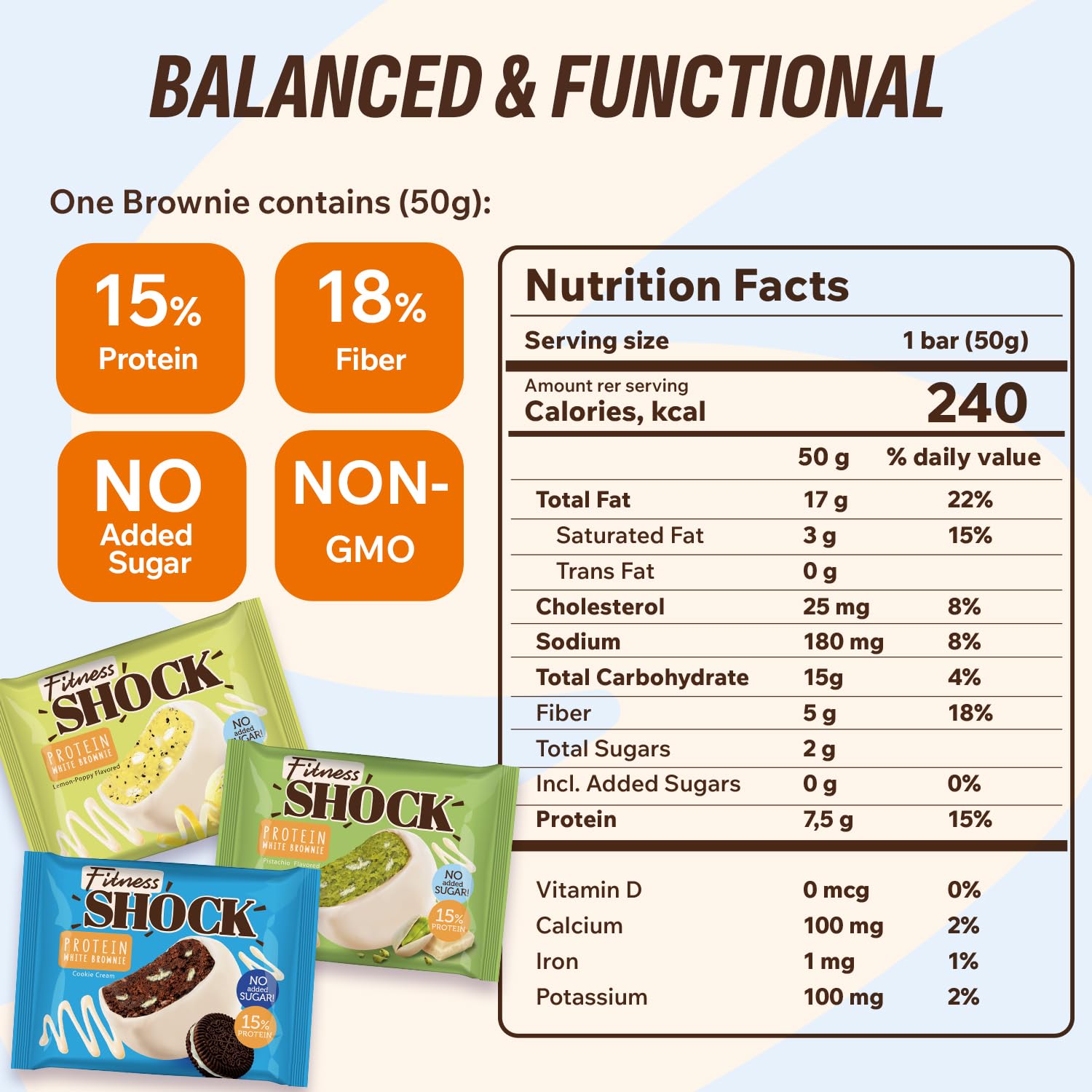 FitnesSHOCK brownie proteina pistacho, snack bajo azúcar para merienda saludable.