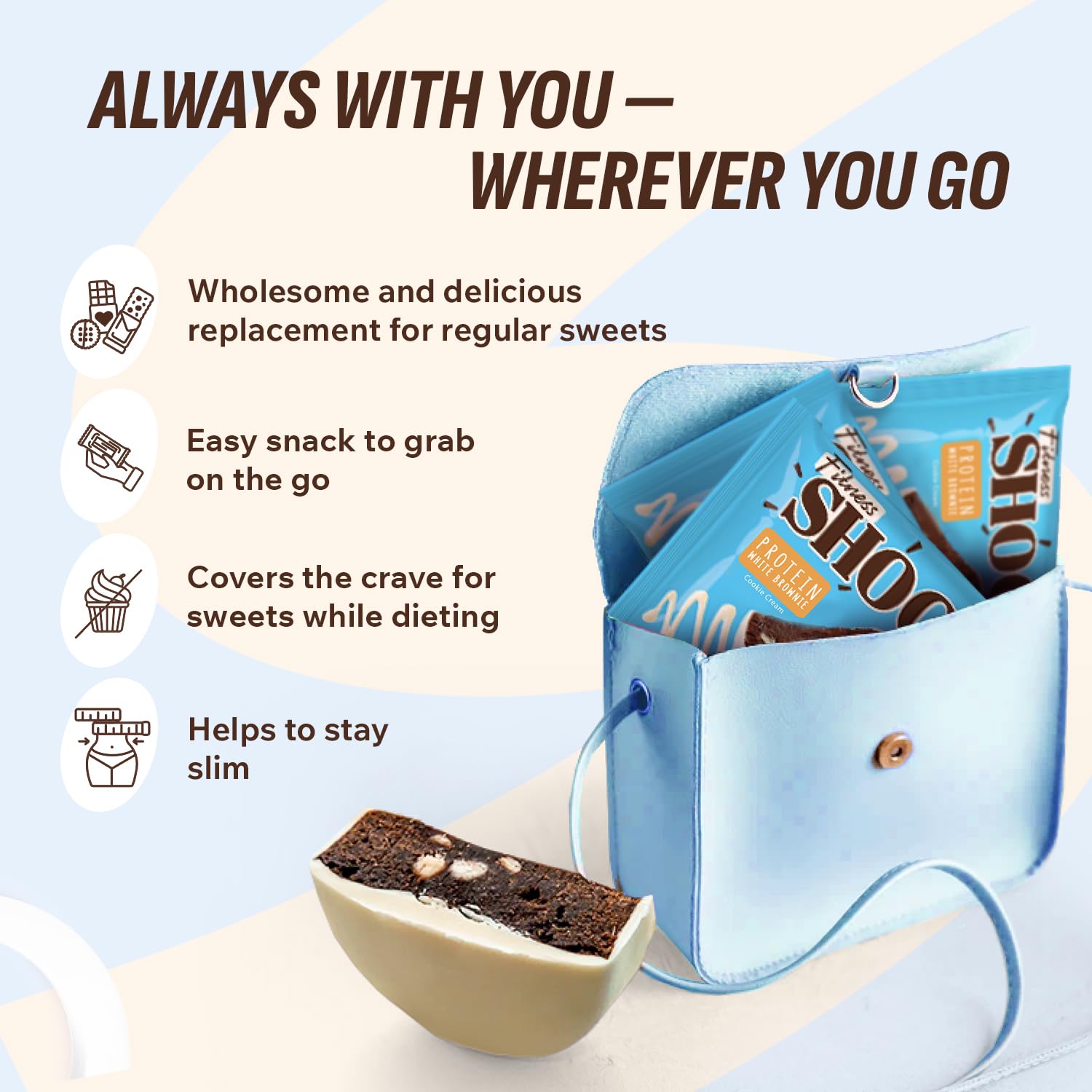 FitnesSHOCK brownie proteina ideal para café, casa o viaje.