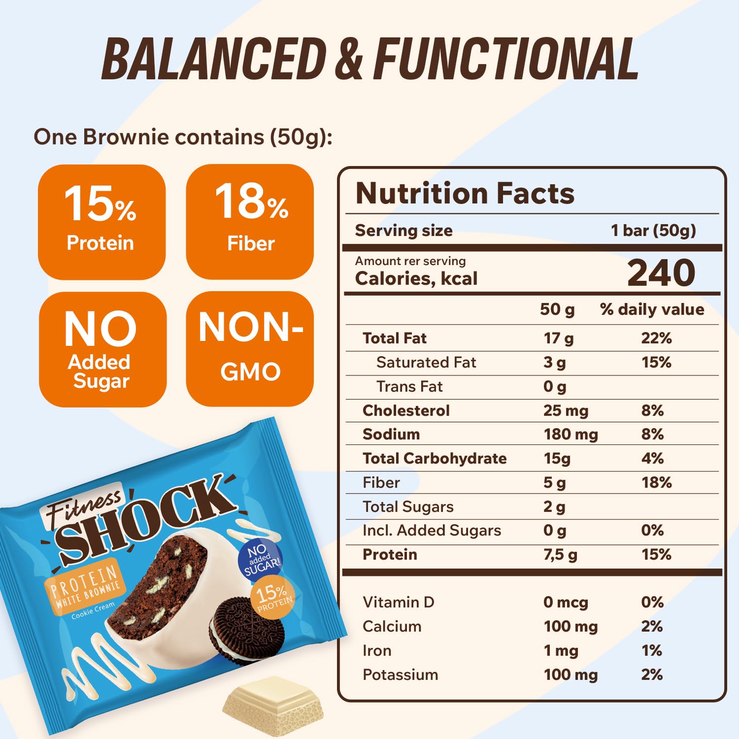 FitnesSHOCK brownie proteina textura suave, bocado tierno para meriendas rápidas.