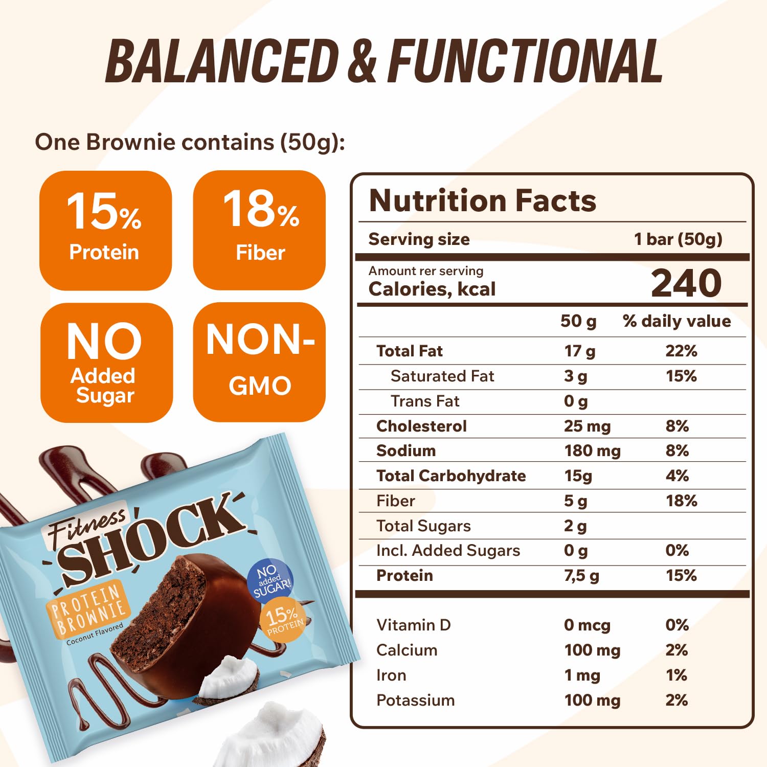 FitnesSHOCK brownie proteina textura suave: experiencia suave para un snack nutritivo.