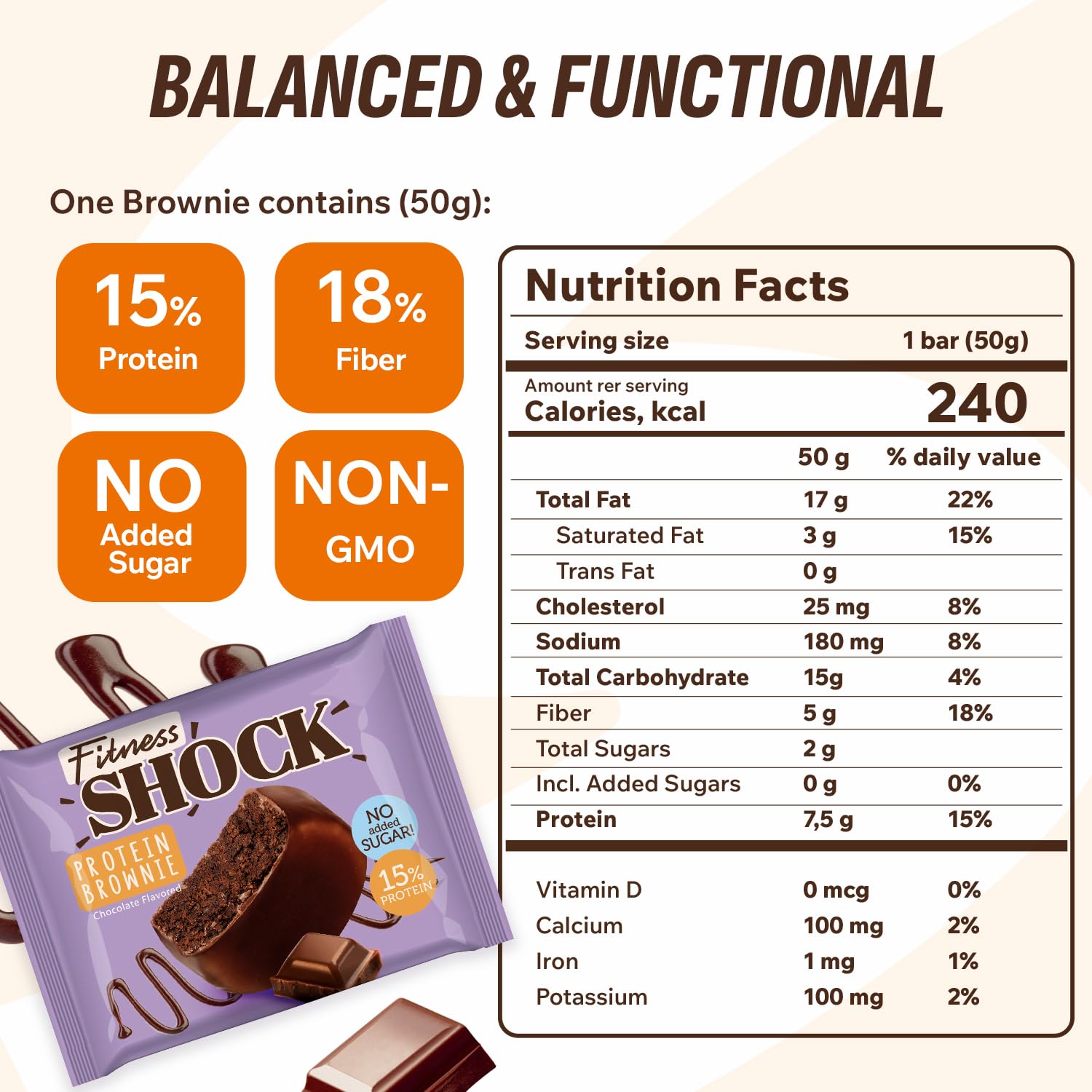 Textura suave de brownie proteico FitnesSHOCK, ideal como postre ligero