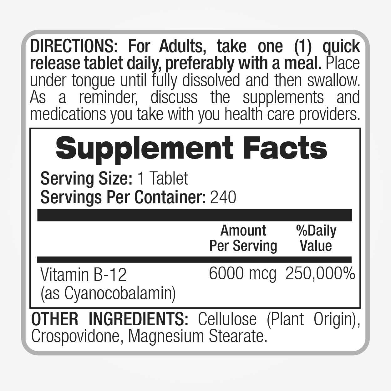 FITO MEDIC'S Lab B12 6000 mcg, etiqueta detallada de ingredientes.