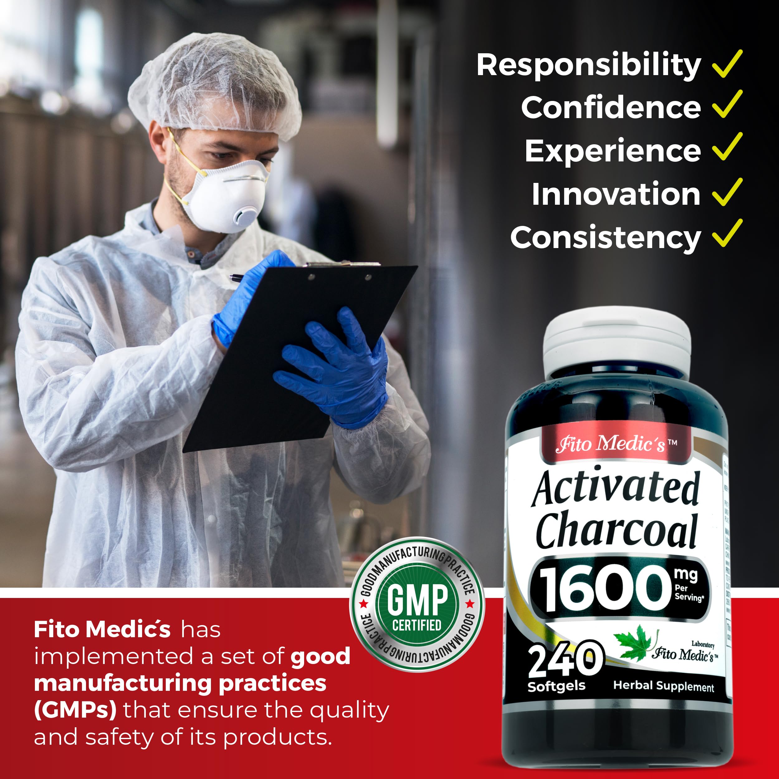 Detalle de tapas en frasco FITO MEDIC'S carbon activado.