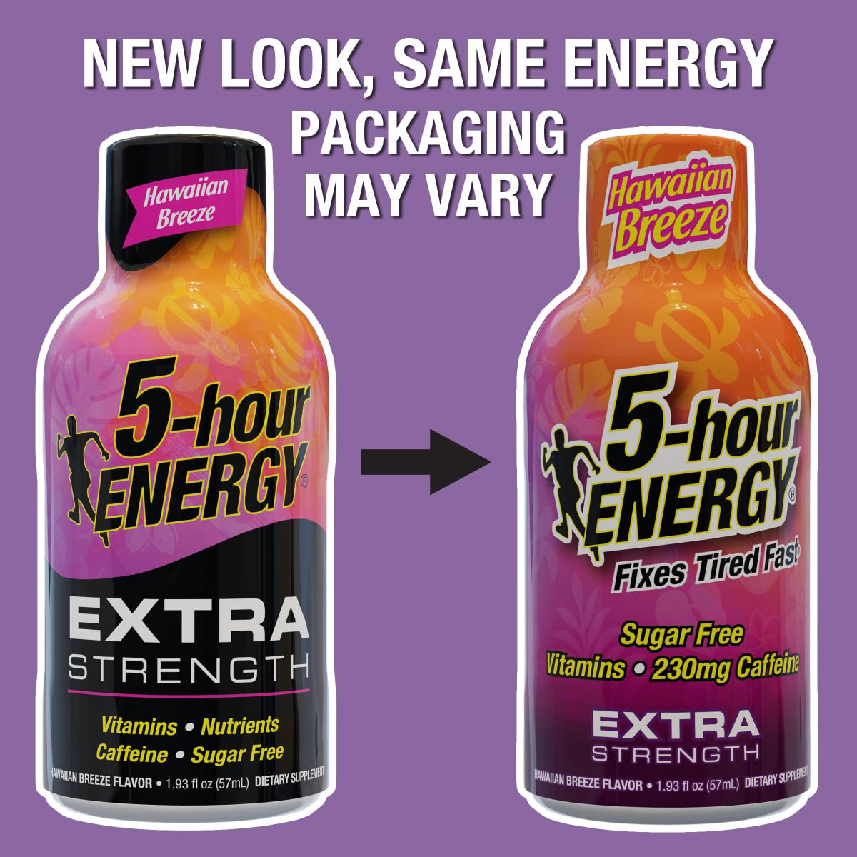 5-hour ENERGY Hawaiian Breeze botella primer plano, enfatizando conveniencia.
